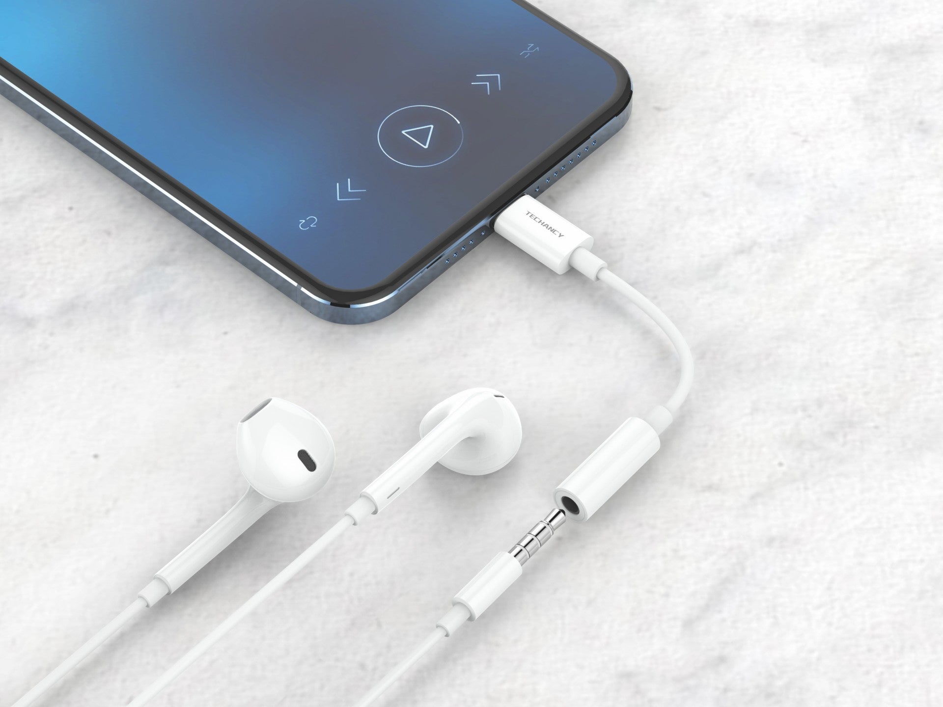 Convertidor de audio Techancy TV3754, Plug and Play, compatible con IP8/X/11-/14, auriculares estéreo de 3,5 mm.