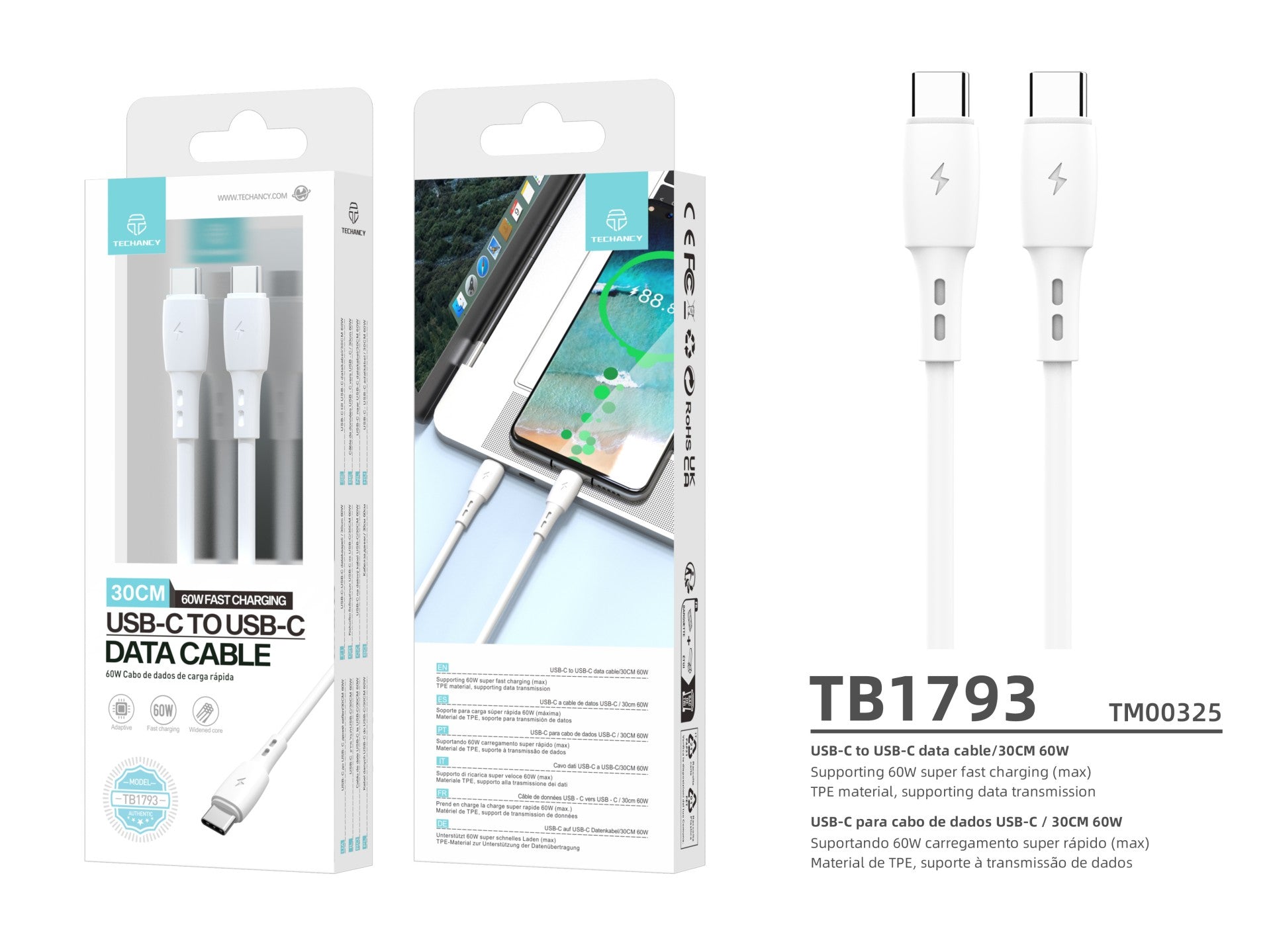 Techancy USB C to USB C Data Cable White TB1778, PD60W Charging, 30cm Suitable for Use with Power Bank