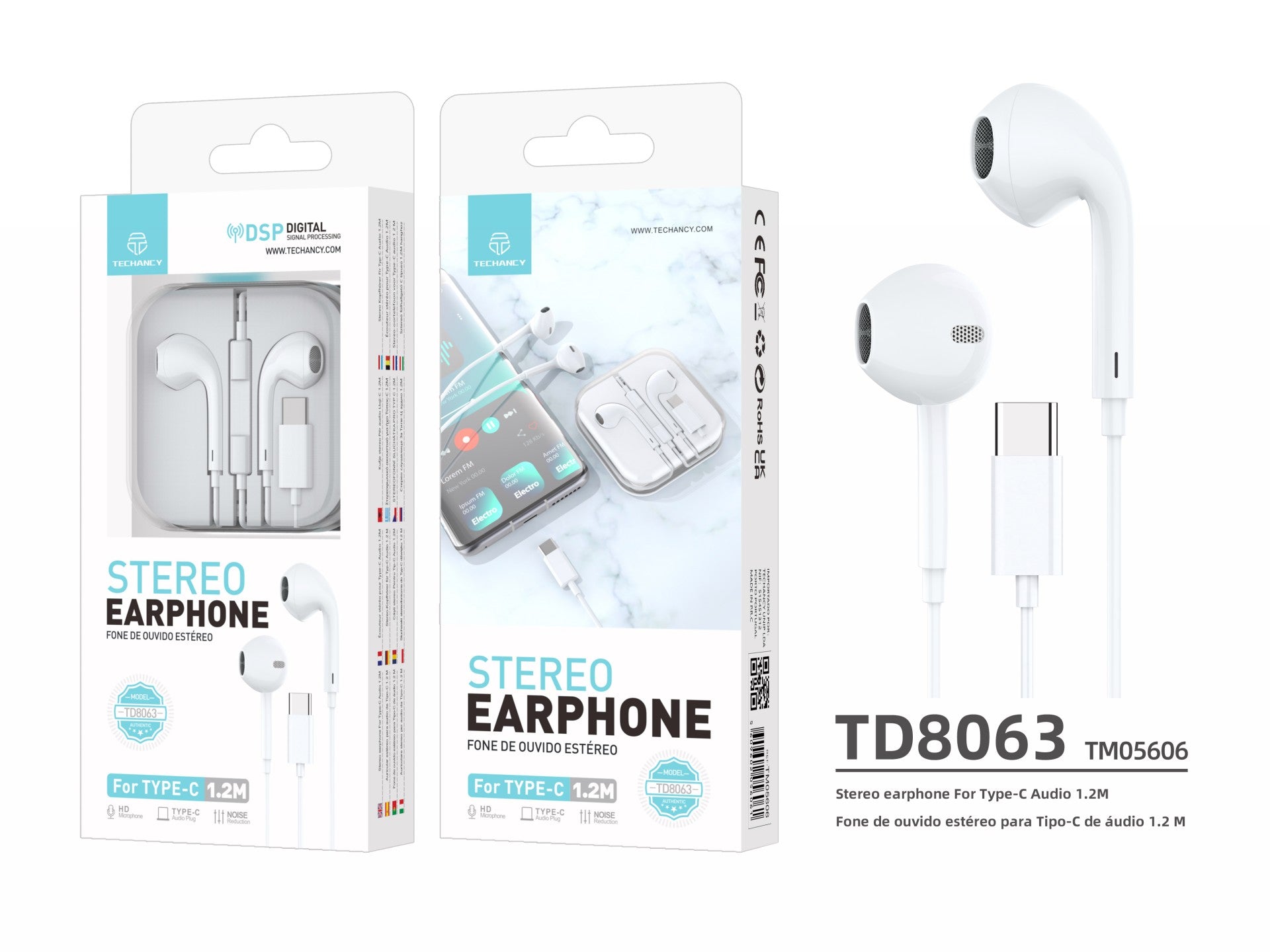 Techancy Auricular Estéreo Com Fios Branco 1,2 M TD8063, Chip Dsp Tipo C Compatível Com Samsung/Huawei/Xiaomi, Etc.