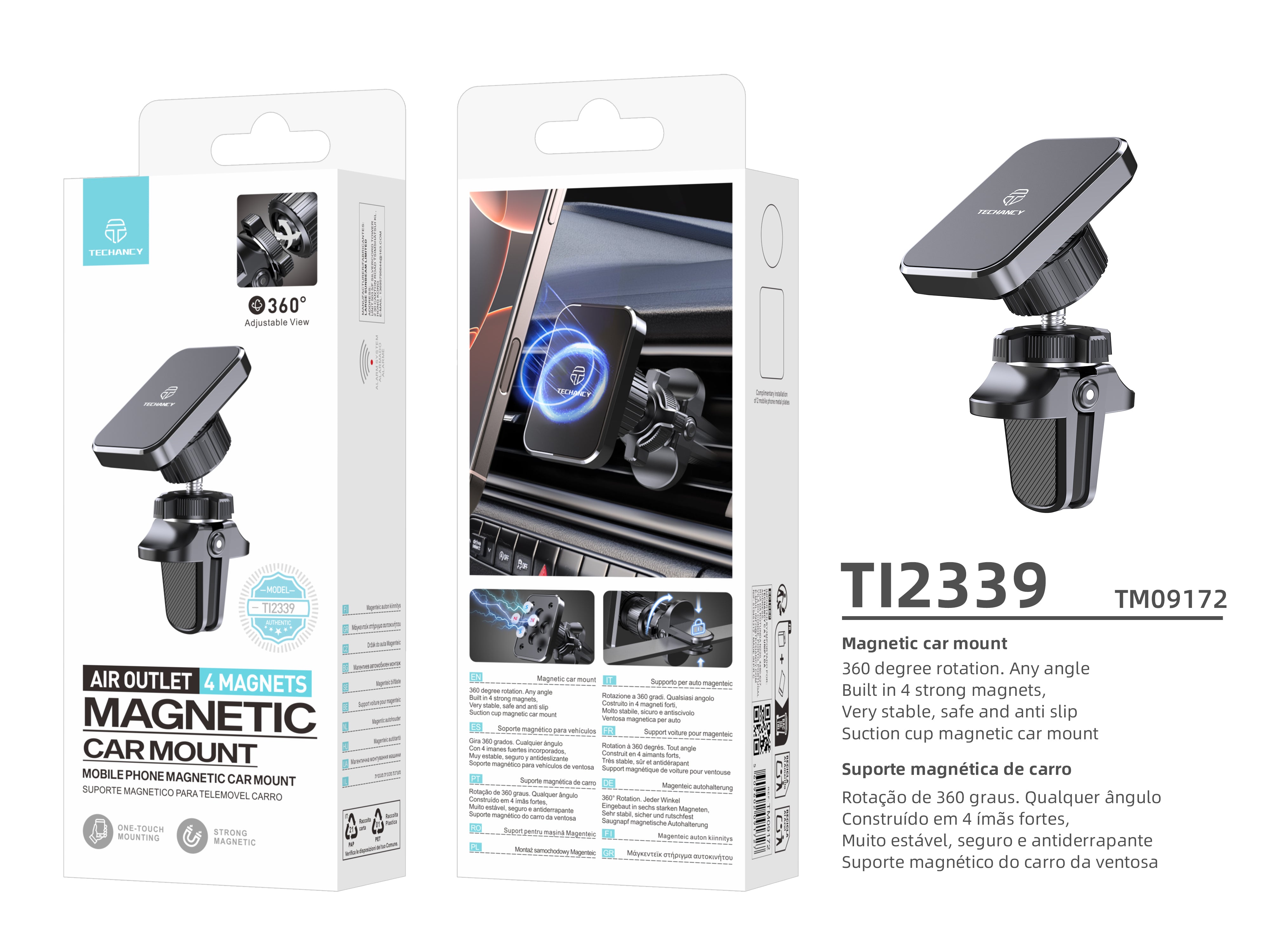 Soporte magnético para coche Techancy TI2339, con ángulo de 360 grados para parrilla, 4 imanes potentes, estables y antideslizantes, color negro