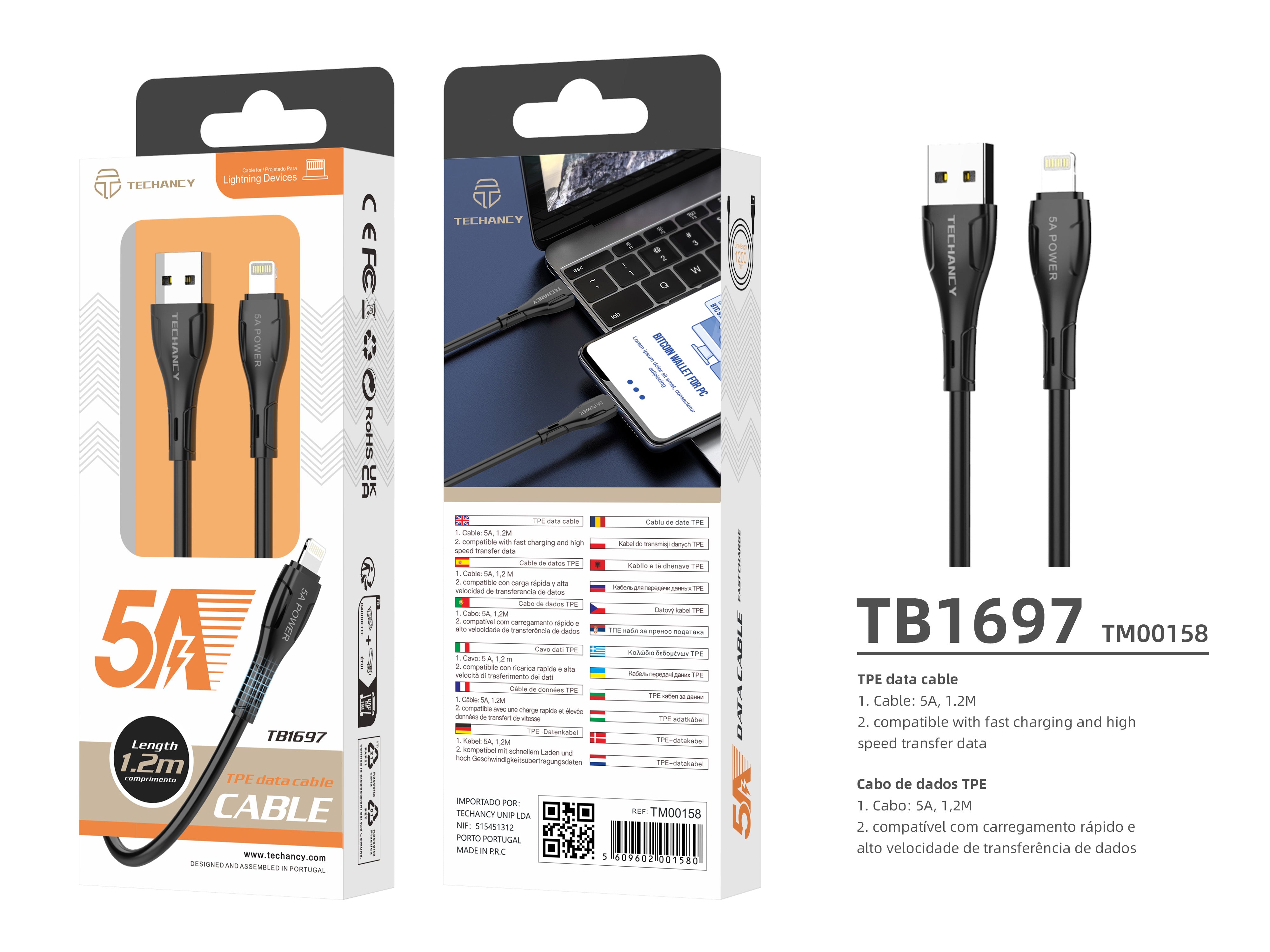 Techancy Cabo De Dados Usb-Ip7/8/X/11-14 TB1697,1,2m 5A Carregamento Rápido, Transferência De Dados, Preto