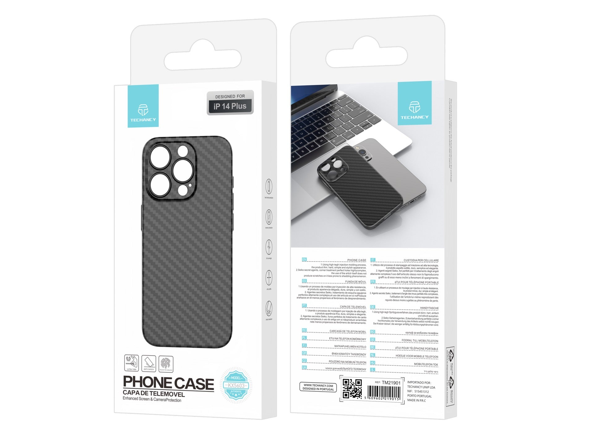 Funda para teléfono celular Techancy Ultra Thin Carbon Fiber KX5603, compatible con iPhone 14 Plus, material Pp de 0,5 mm.
