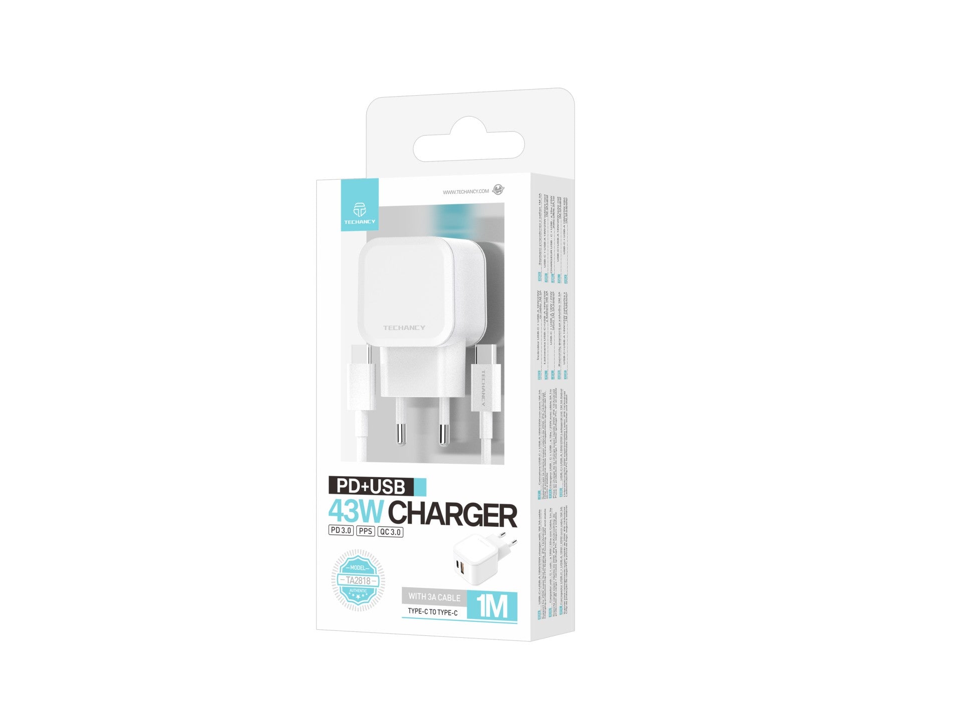 Techancy 43W White Fast Charger TA2813, Dual PD+USB Port, USB-C to USB-C Cable Set 1m/30W