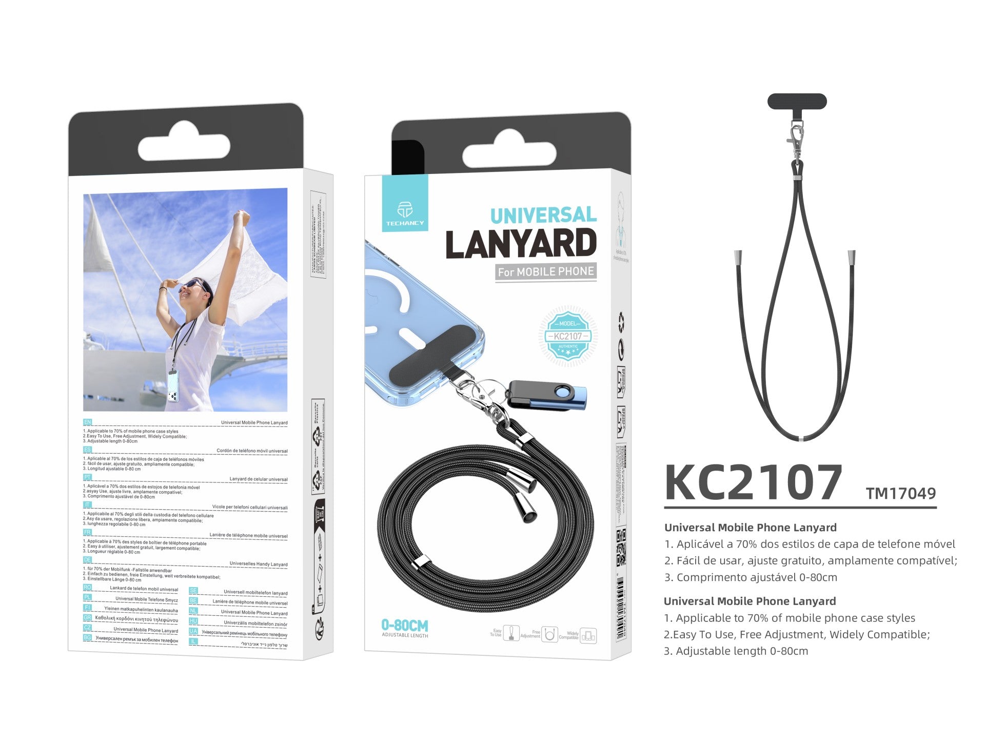 Techancy Cordão Universal Para Telemóvel Preto KC2107, Comprimento Ajustável De 0-80 Cm, Utilizado Com A Capa Do Telemóvel
