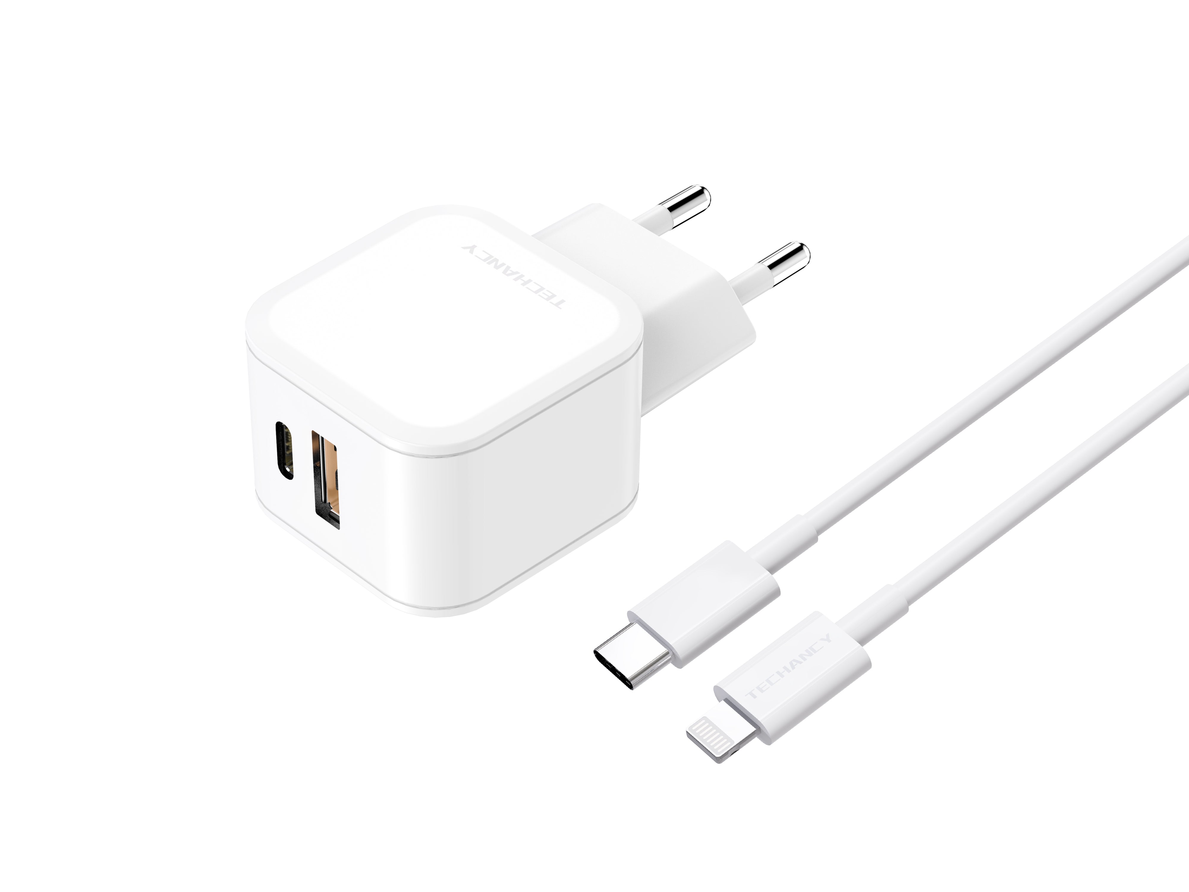 Techancy Fast Charger 43W White TA2813, Dual Port PD+USB, USB C to Lightning Cable Set 1m/30w