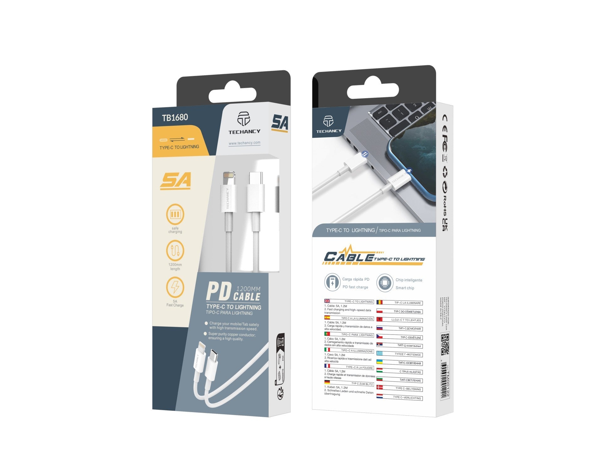 Cable de datos de carga rápida Techancy PD de 18 W, 1,2 m, TB1680, puerto USB-C, IP8/X/11-14, compatible con iPhone y iPad