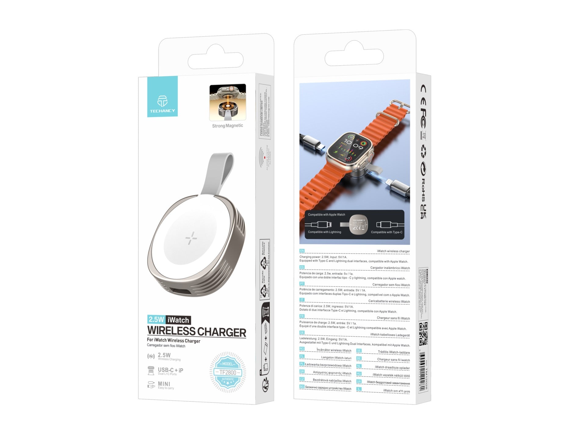 Cargador inalámbrico Techancy iWatch TF2800 de 2,5 W, imán potente, USB-C/Lightning, compacto, compatible con Apple Watch