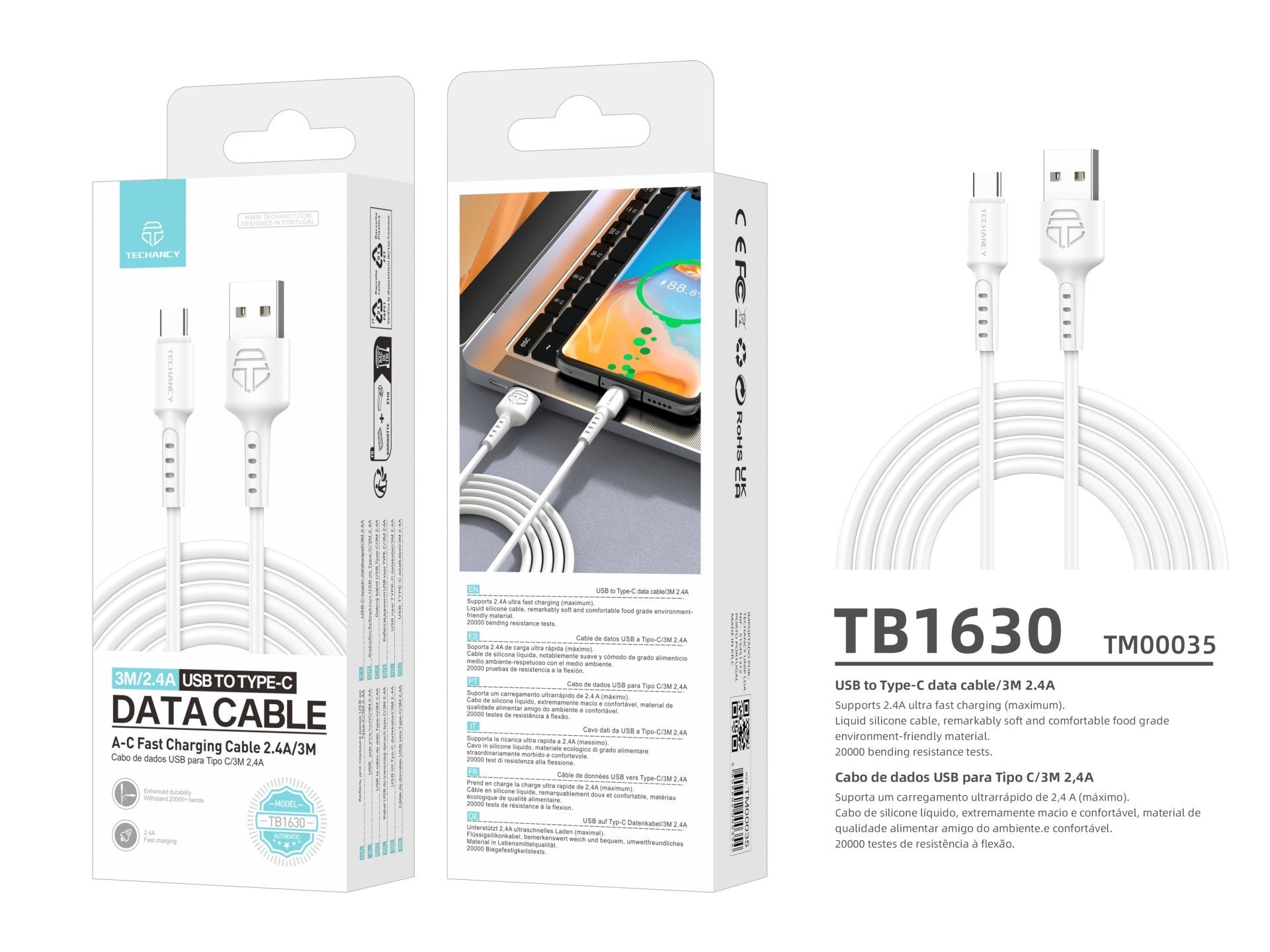 Techancy Cabo De Dados Branco TB1630, Cabo De Carregamento Rápido Usb Para Tipo C, 3 M/2,4 A, Compatível Com Dispositivos Usb-C