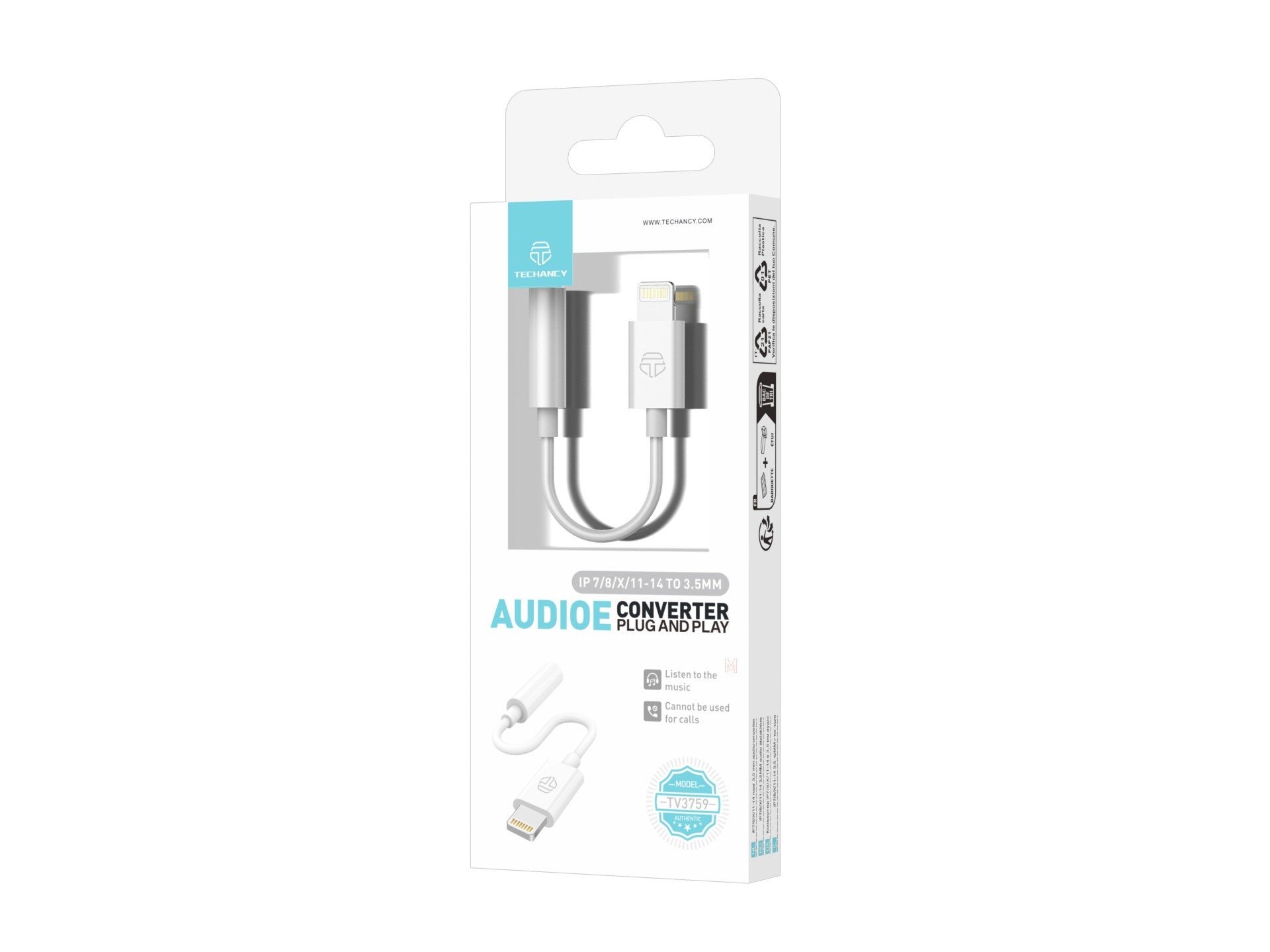 Convertidor de audio Techancy IP7/8/X/11-14 a 3,5 mm TV3759, compatible con música y juegos, compatible con dispositivos iOS, Plug and Play