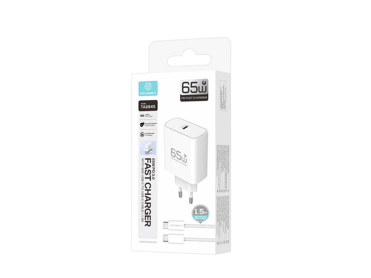 Carregador USB-C 65W TECHANCY TA2845, PD 3.0 PPS, Carregamento Rapido, Cabo USB-C para USB-C 60W de 1,5 m Incluido