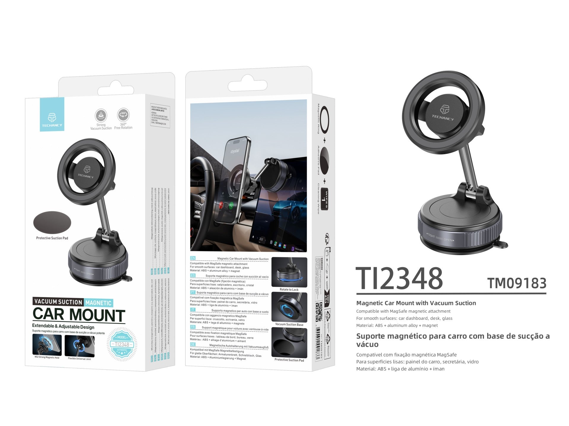 Techancy TI2348 Magnetic Car Mount with Vacuum Suction Cup, MagSafe Compatible, 360 Degree Rotation, Black