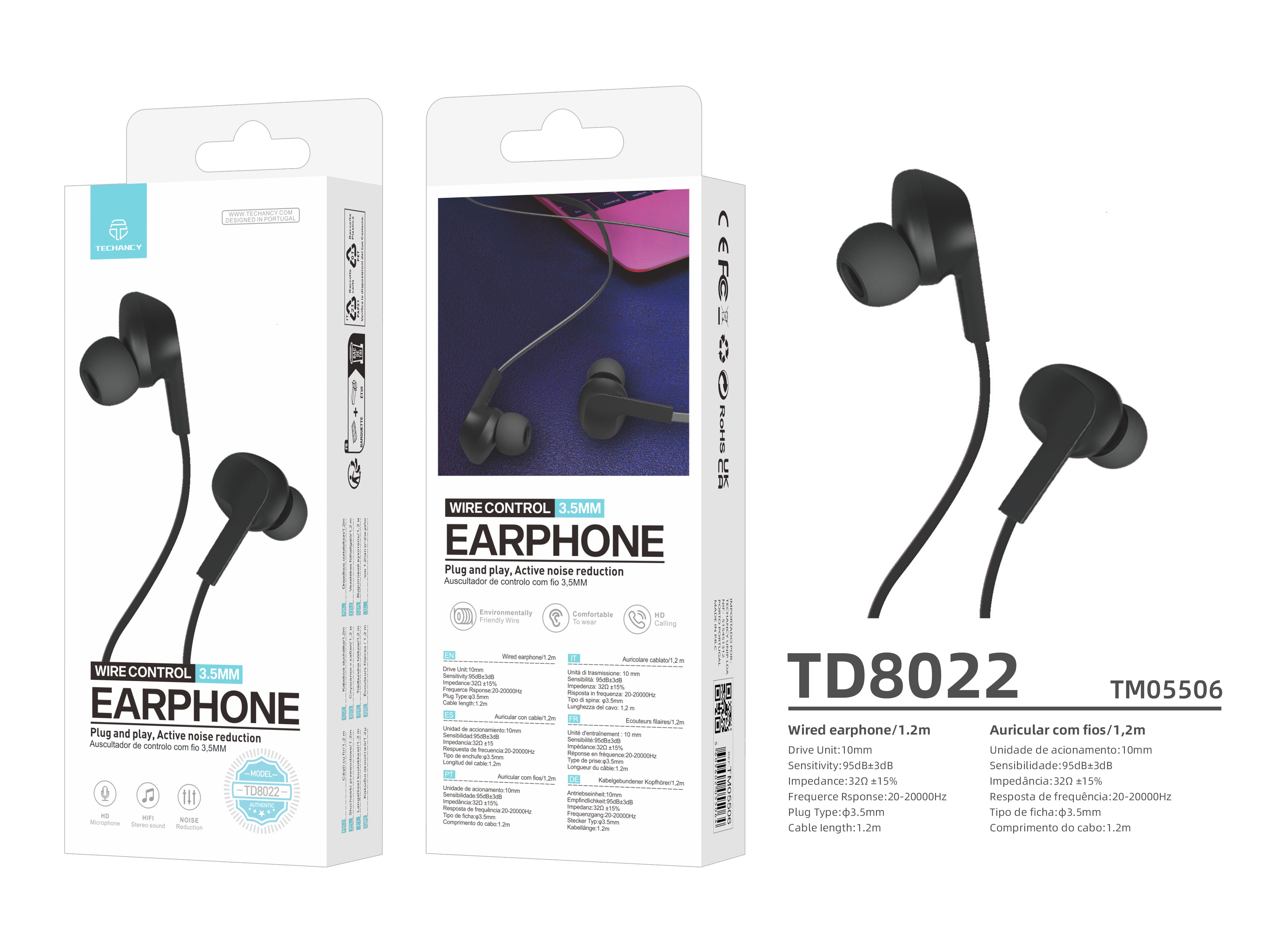 Techancy Wired Headset Black TD8022, Integrated Microphone, 3.5 mm, Compatible with Smartphones and Tablets