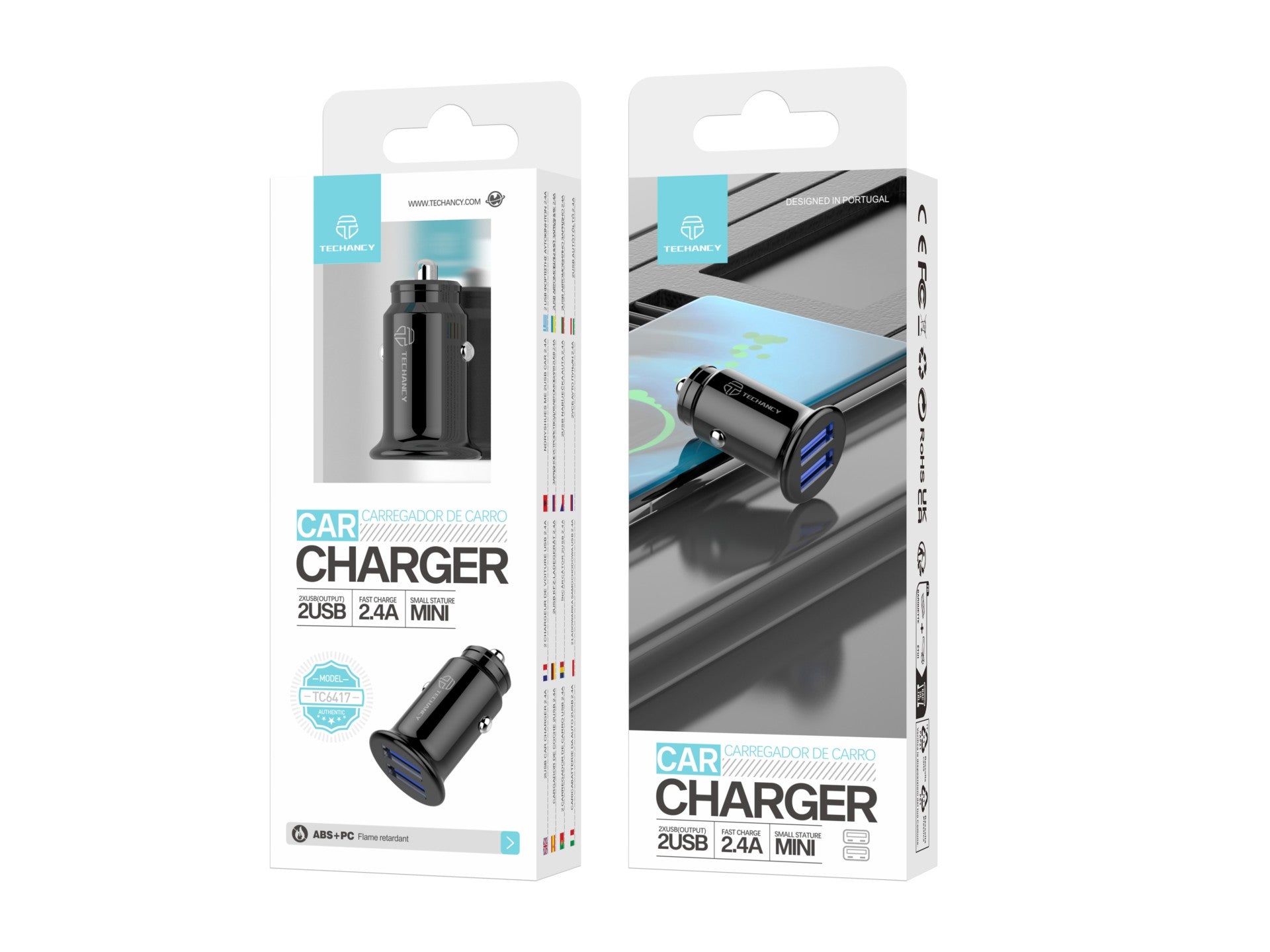 Cargador mini para coche Techancy TC6417, 2,4 A, 2 puertos USB, compatible con camiones y coches, color negro