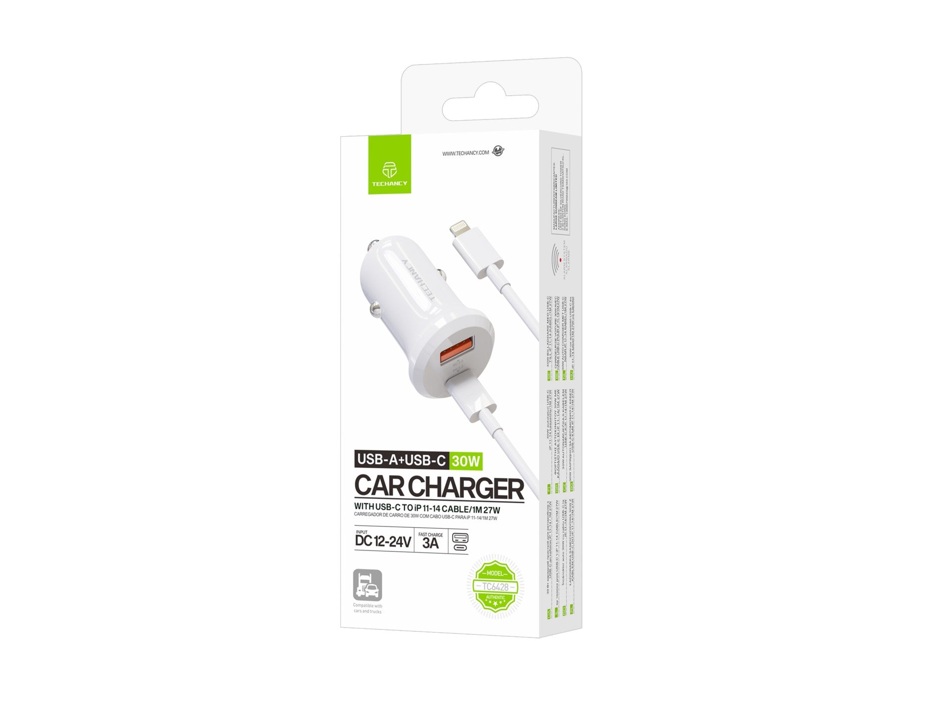 Techancy Carregador de Carro TC6428 30W USB-A+USB-C com cabo 1m USB-C para Lightning PD3.0 QC3.0 12-24V