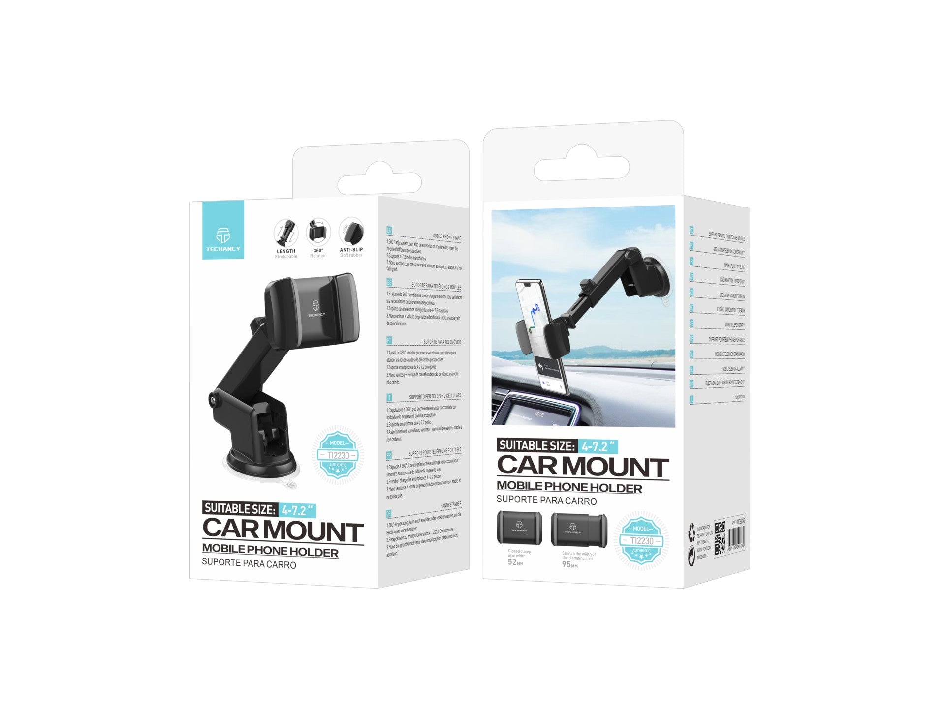 Techancy Suporte Para Telemóvel Para Automóvel Preto+Cinzento Ti2230 , Suporte Retrátil, Ventosa Antiderrapante, 4-7,2 Polegadas