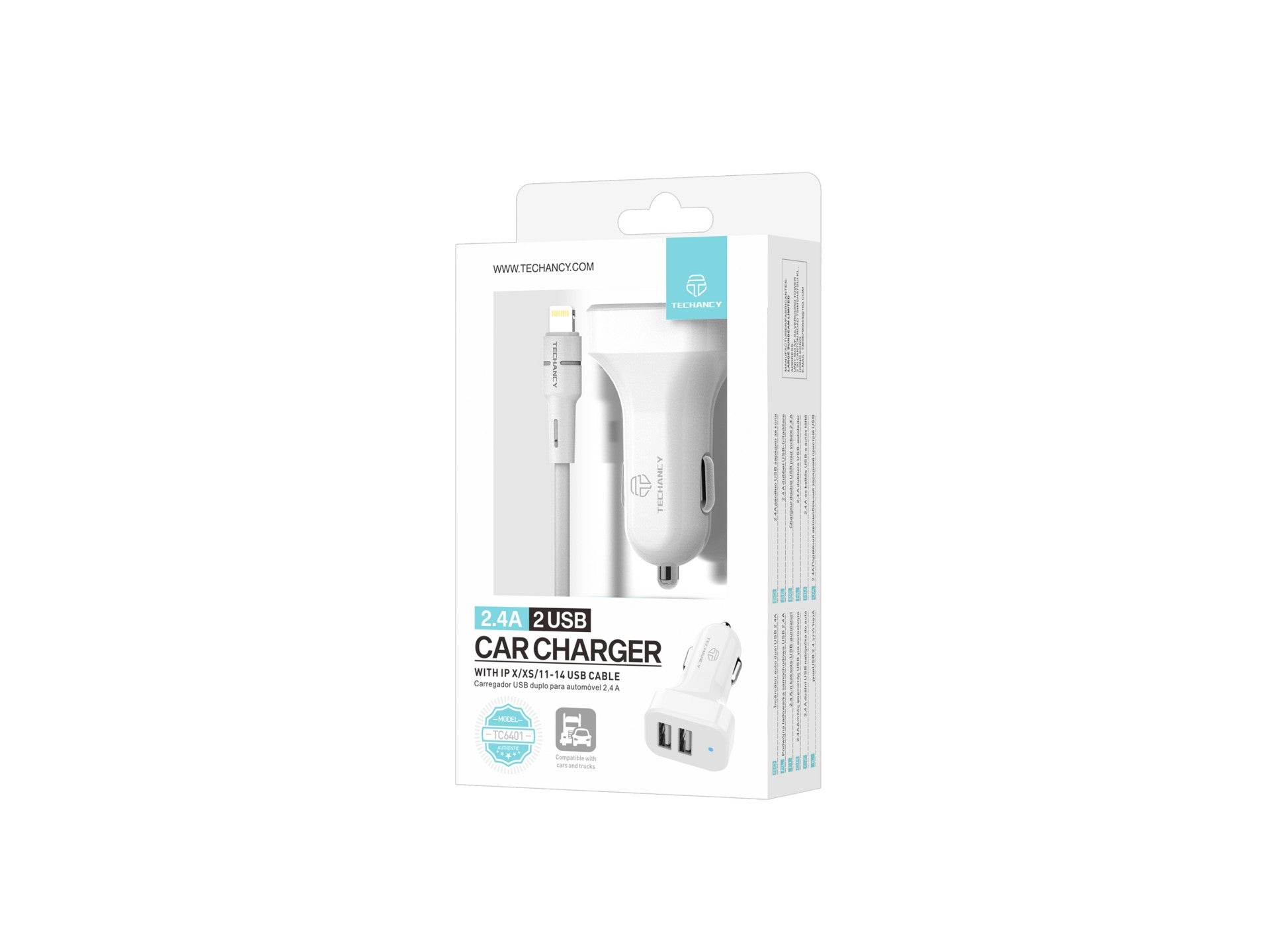 Techancy TC6401 Dual USB 2.4A Car Charger with Lightning Cable - White