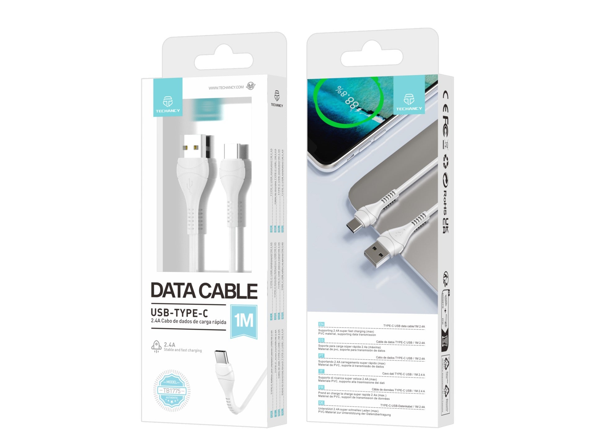 Techancy Cabo De Dados Usb-Type-C Branco 1M TB1775,Carregamento Rápido De 2,4 A, Suporta Transmissão De Dados, Material Pvc