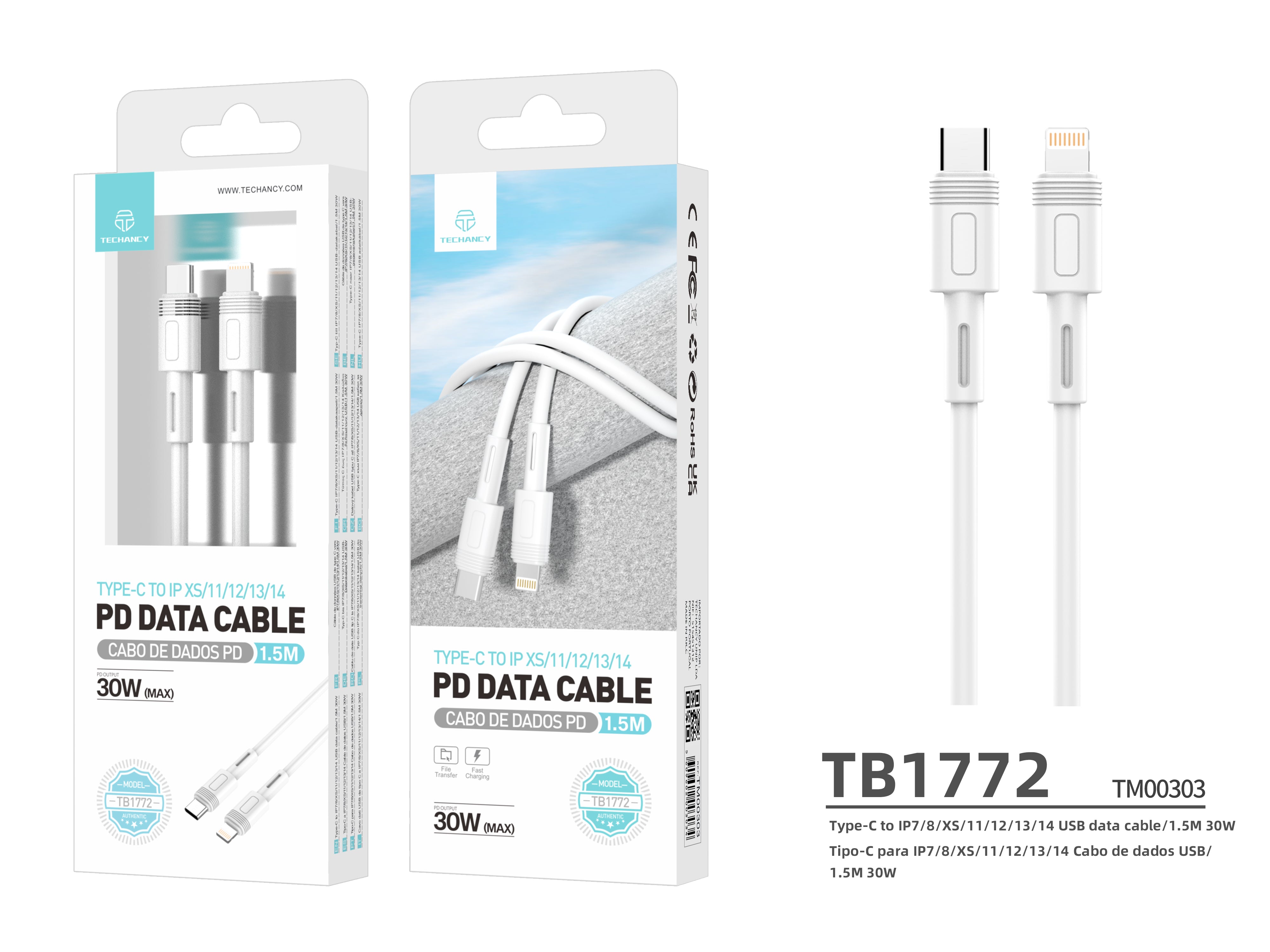 Techancy TB1772 Type-C to Lightning PD Data Cable, 30W, Compatible with iPhone 14/13/12/11, 1.5m, White