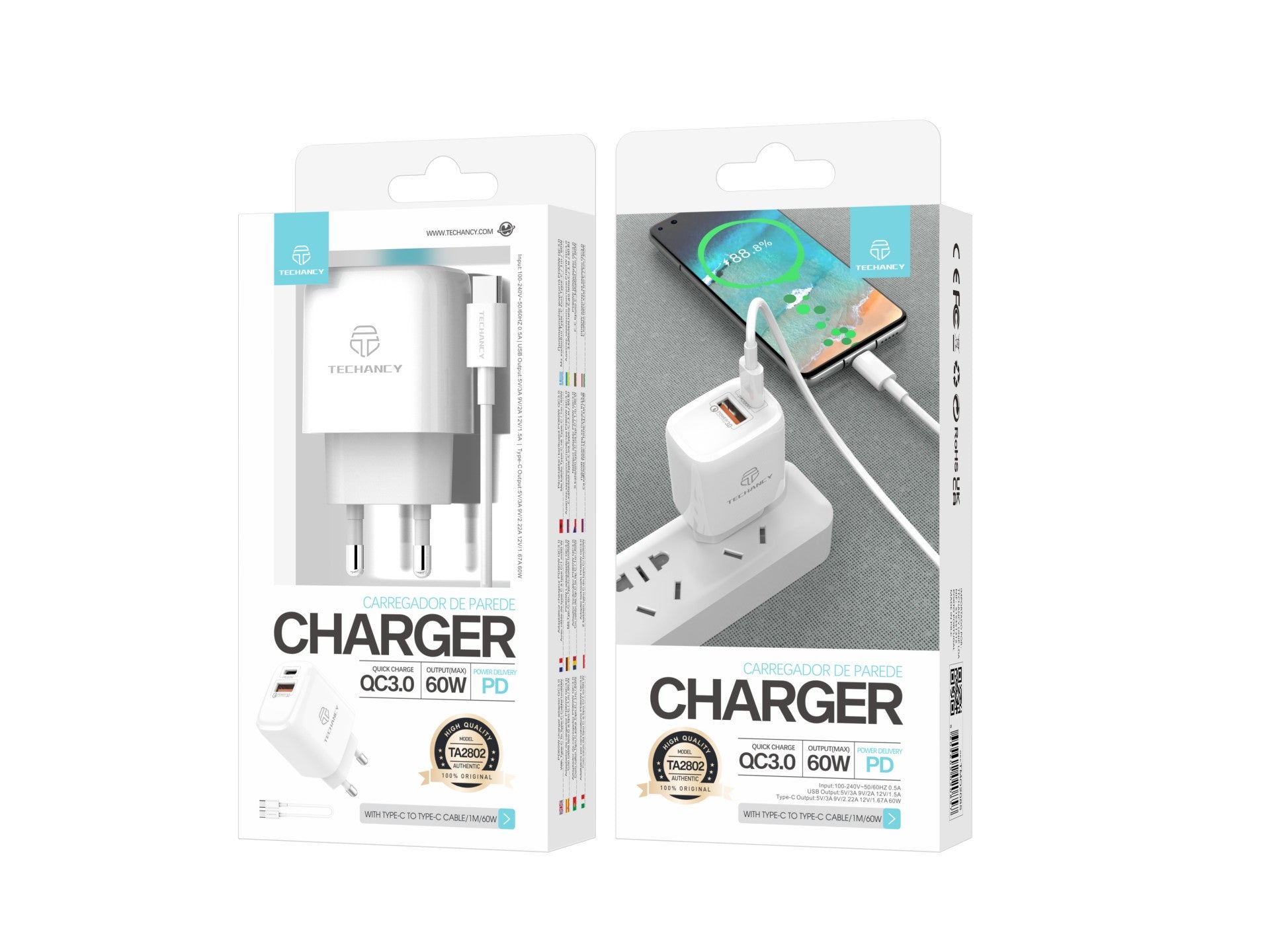 Cargador Techancy TA2802 blanco de 20 W con compatibilidad con PD y QC3.0 y cable USB-C blanco de 1 m