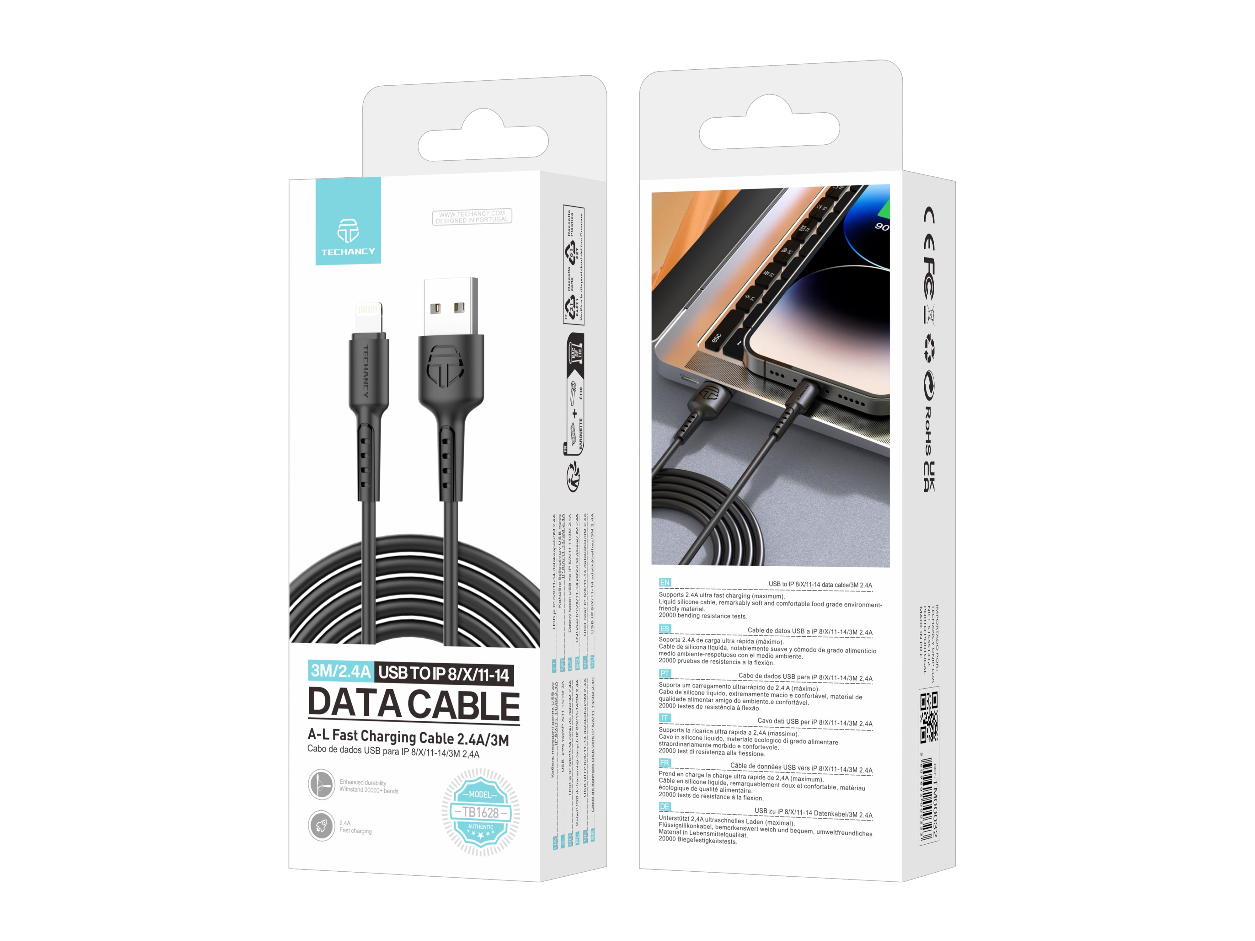 Techancy Black Data Cable TB1628, USB to Lightning Fast Charging Cable, 3M/2.4A, Compatible with iPhone/iPad