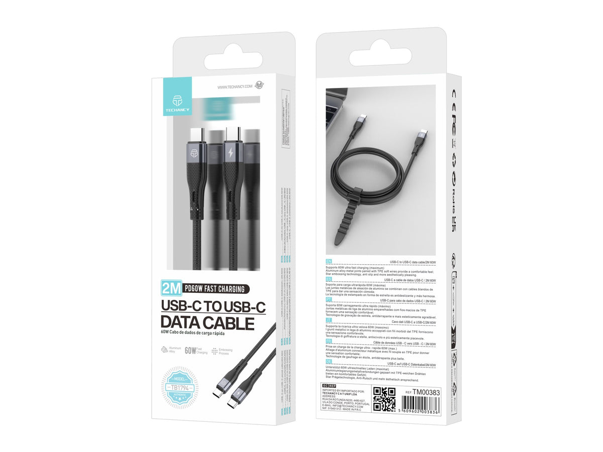 Cabo USB-C para USB-C Techancy TB1794, 60W PD, Carregamento Rapido, Transferencia de Dados, 2m, Aluminio, TPE, Preto