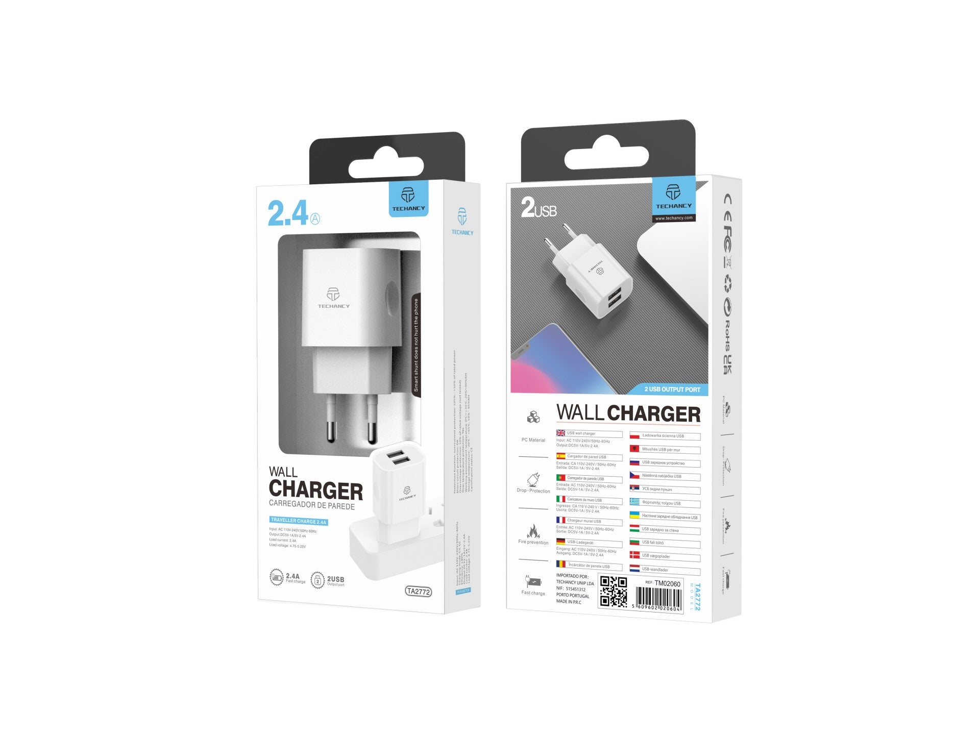 Techancy Carregador De Parede Usb Branco TA2772, Carregamento 5V-2.4A 2usb Compatível Com Diferentes Necessidades De Dispositivos