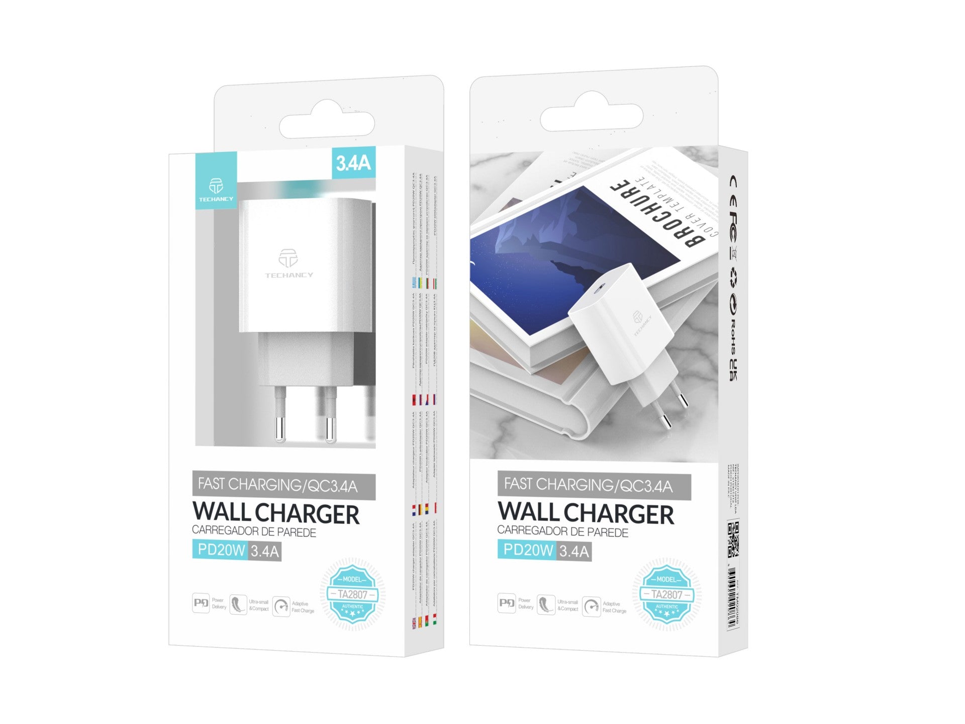 Techancy White PD Wall Charger TA2807, 3.4A PD20W Fast Charging, Smart Power for Mobile Phone