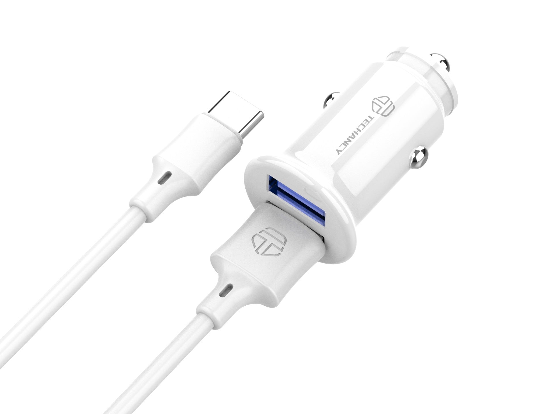 Cargador de coche Techancy TC6407, 2 puertos USB de 2,4 A, cable de datos USB tipo C de 1 m, color blanco