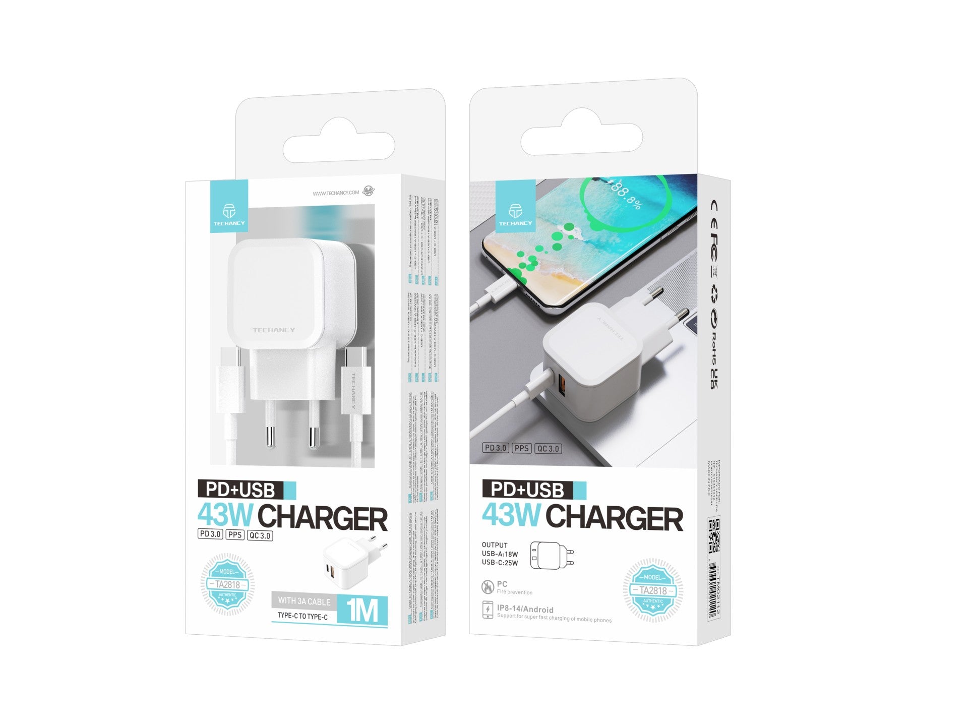 Techancy 43W White Fast Charger TA2813, Dual PD+USB Port, USB-C to USB-C Cable Set 1m/30W