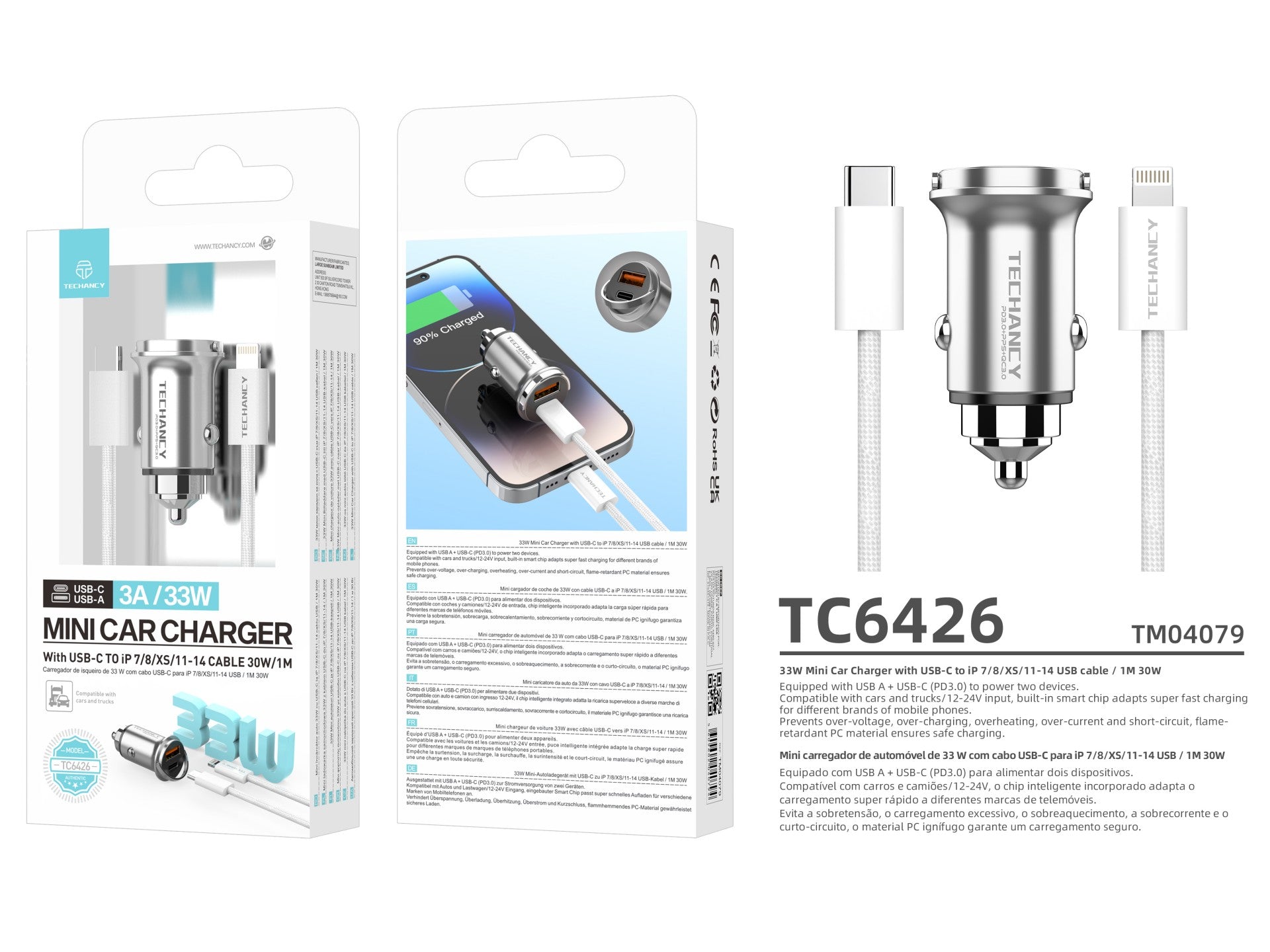 Cargador mini Techancy TC6426, 33 W, USB-A+USB-C, con cable USB-C a Lightning de 1 m, aleación de aluminio, compatible con iPhone