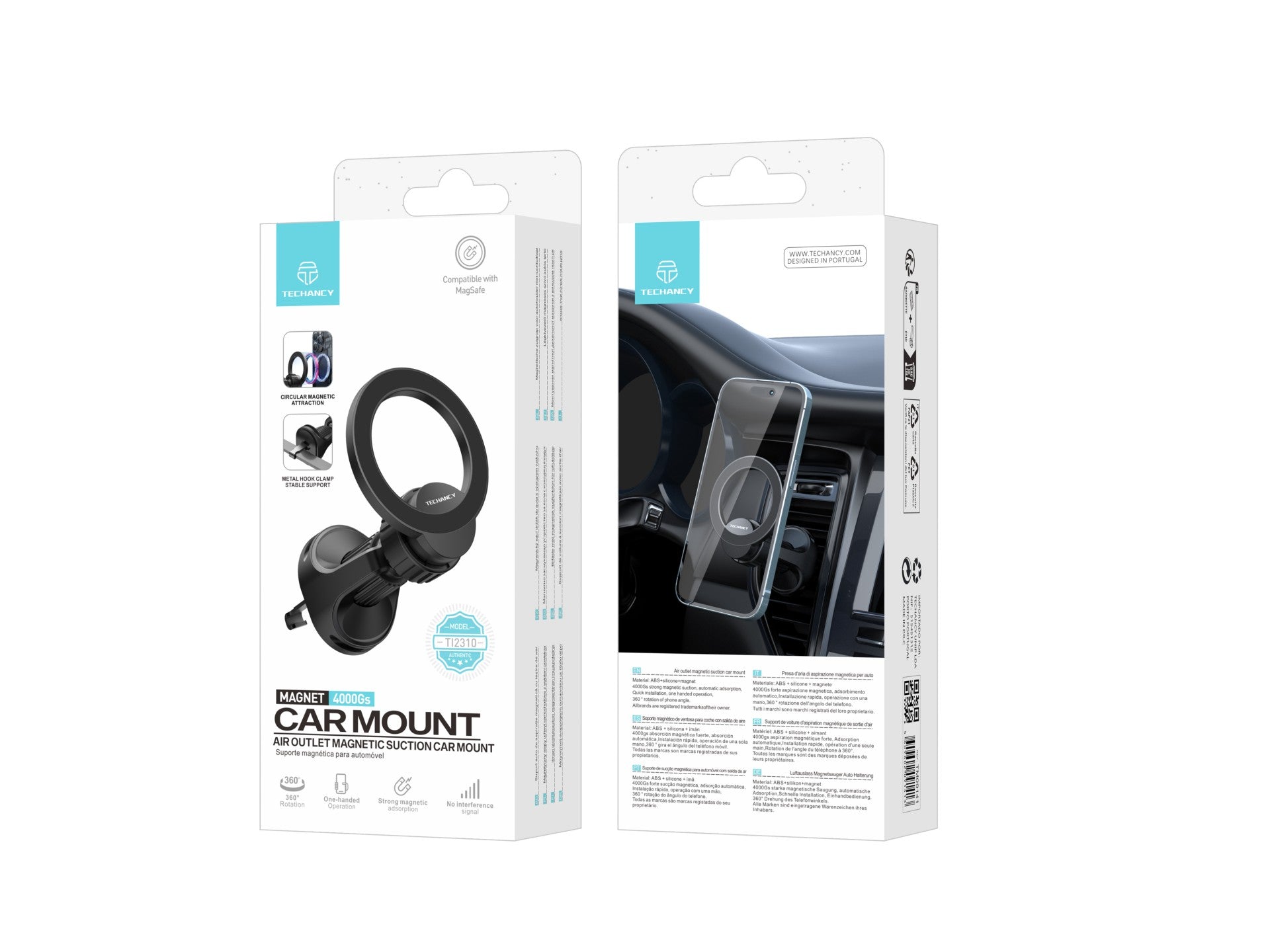 Techancy Suporte Magnético Para Automóvel Com Magsafe Preto Ti2310, Fixação Magnética Compatível Com Ip12/13/14/15/16