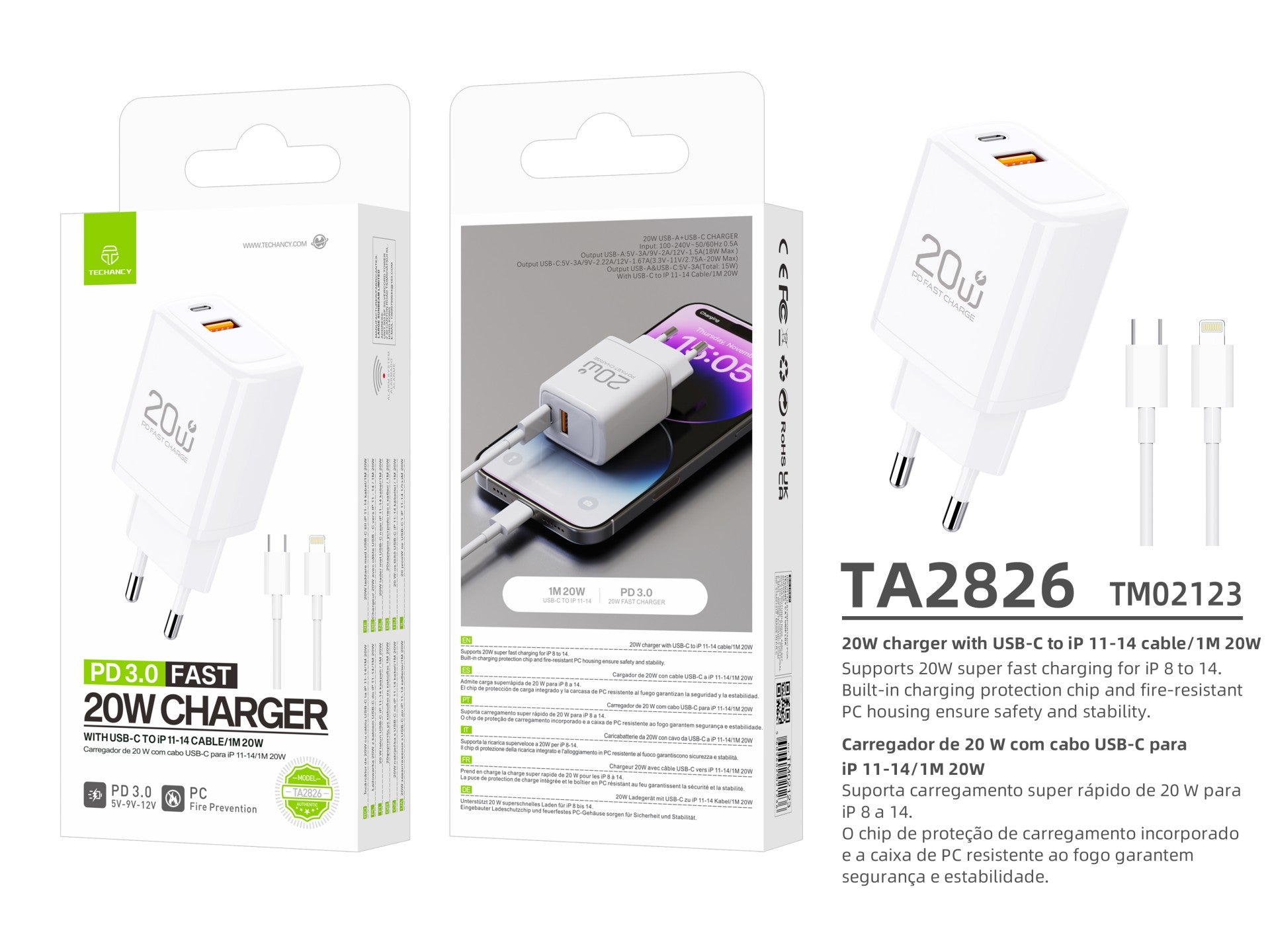 Cargador Techancy TA2826 PD3.0 de 20 W con dos puertos USB-C y cable Lightning compatible con iPhone de la serie 8 a 14