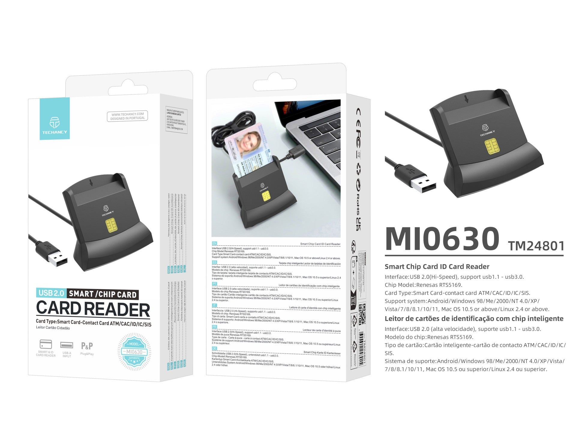 Techancy Leitor de cartão inteligente MI0630, interface USB 2.0, suporta vários tipos de cartões, compatível com vários sistemas, preto