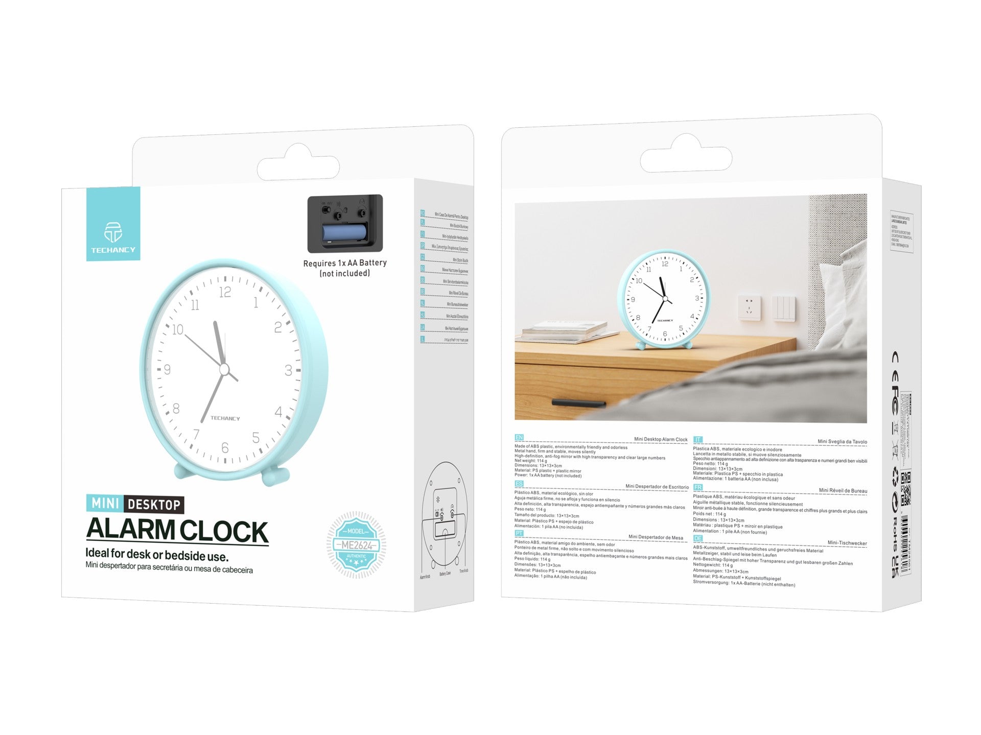 Techancy Mini ME2624 Silent Desk Alarm Clock, Large Numbers, Mirror, HD ABS Body, Portable for Bedroom and Desk, Blue Color