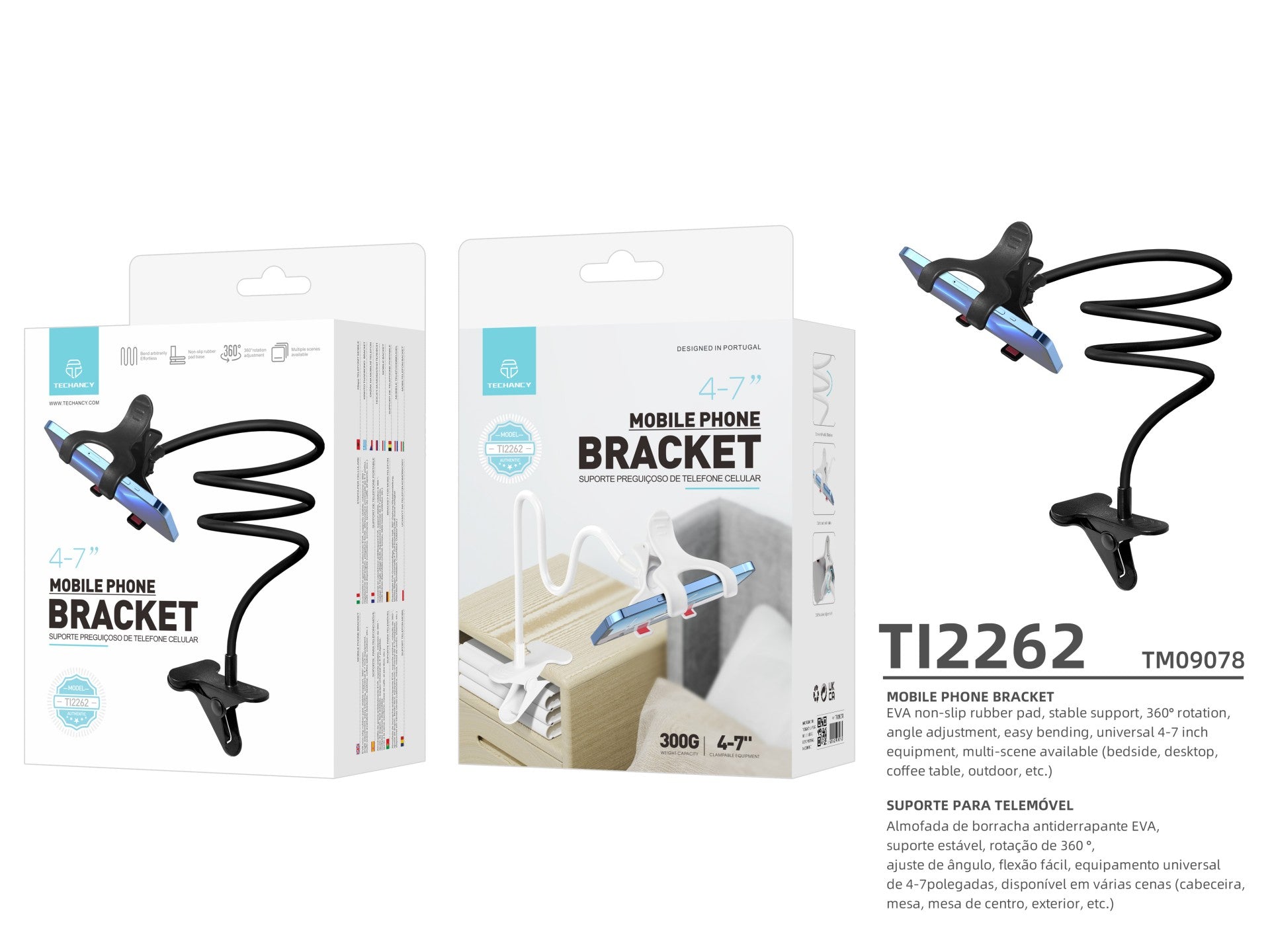 Techancy Suporte Para Telemóvel Gratuito E Ajustável Ti2262 Preto, 4-7 Polegadas, Fácil De Dobrar, Adequado Para Vários Cenários
