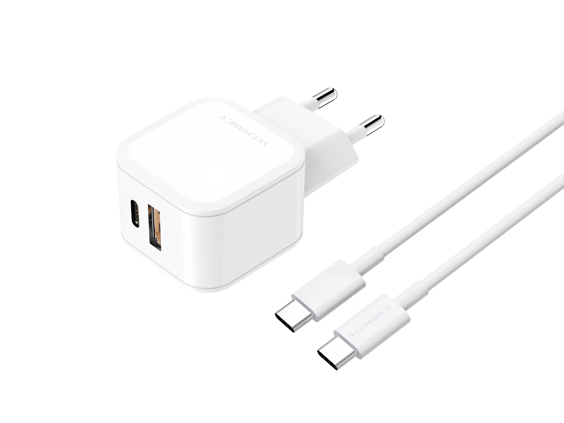 Techancy 43W White Fast Charger TA2813, Dual PD+USB Port, USB-C to USB-C Cable Set 1m/30W