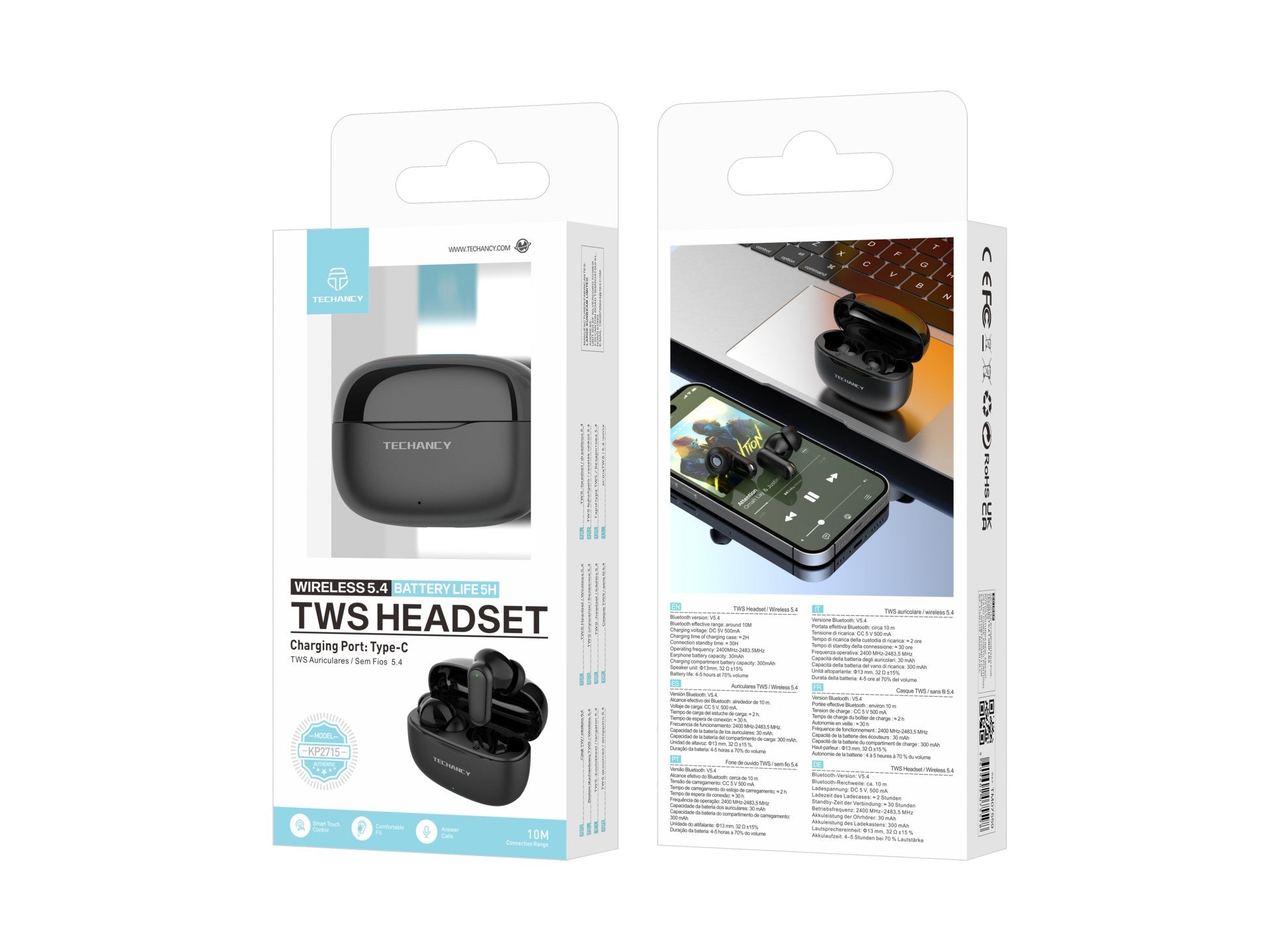 Techancy Bluetooth TWS Wireless 5.4 KP2715 Earphones with HD Microphone, Smart Touch, USB-C for Android and iPhone - Black