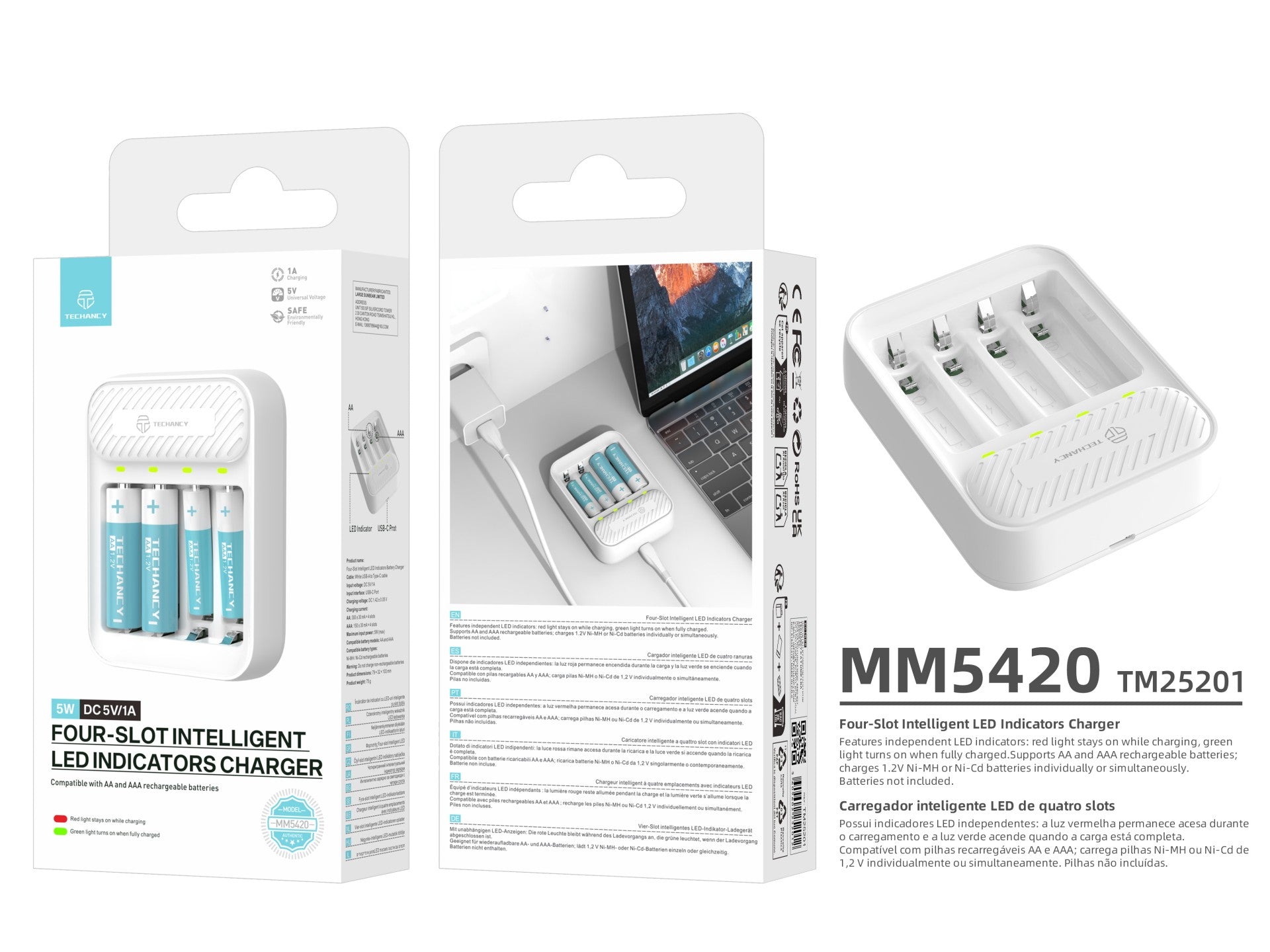 Techancy Carregador inteligente de pilhas MM5420 4 slots LED independente compatível com AA e AAA Ni-MH 1.2V seguro estável cor branca