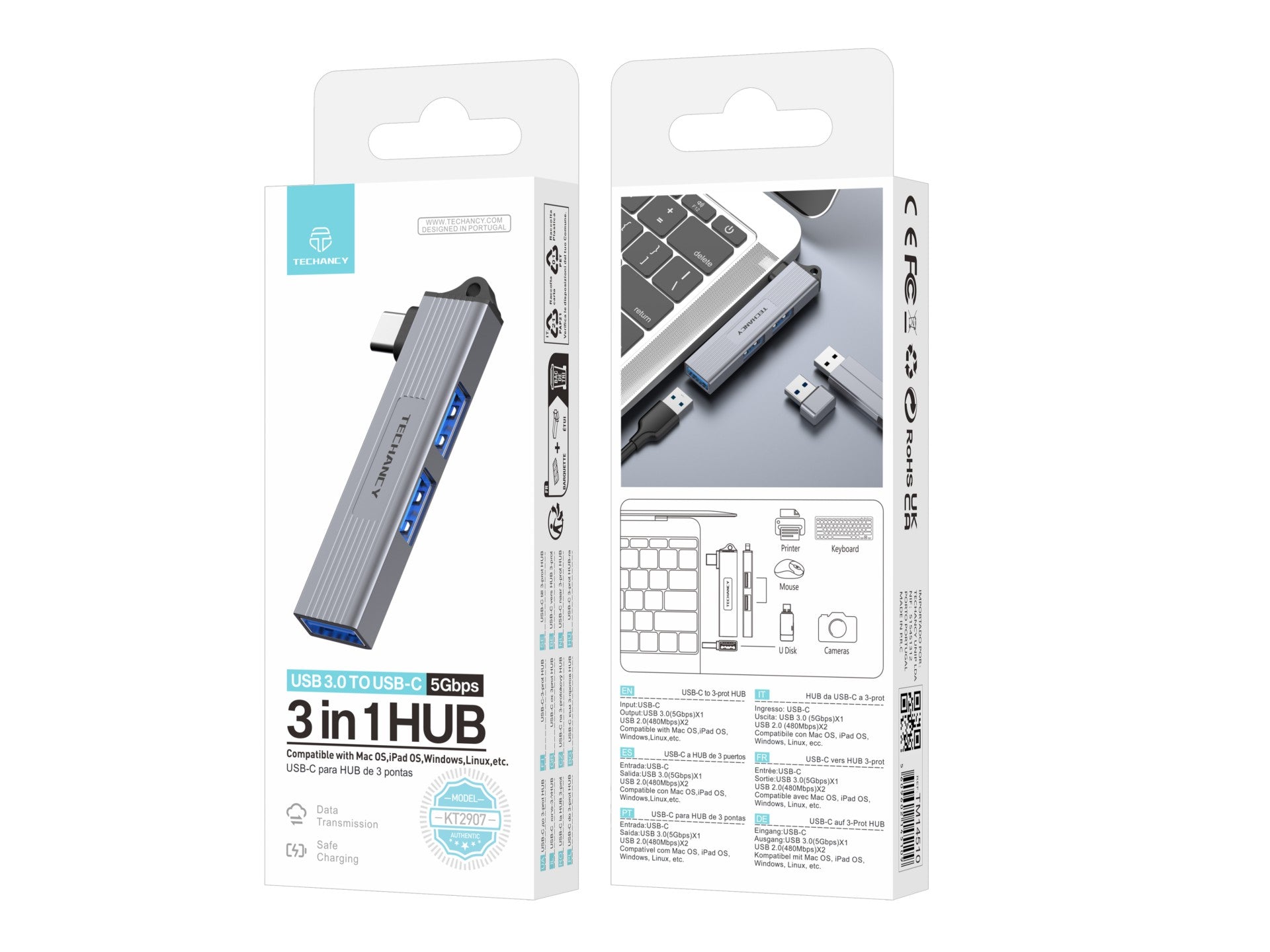 Techancy USB-C Hub to 3-Port USB 3.0 KT2907, Compatible with Mac OS, Windows and Linux, 5Gbps Data Transfer