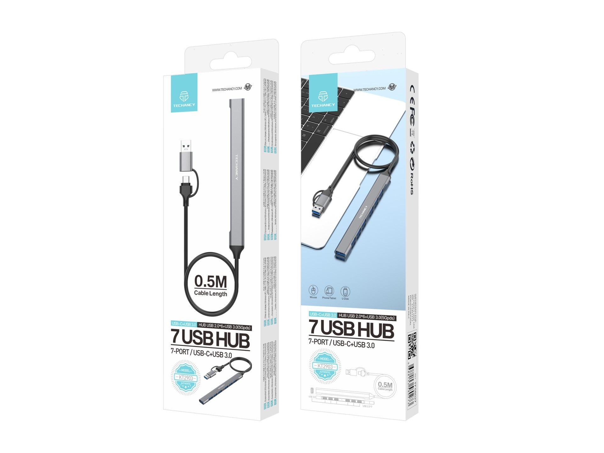 Techancy 2-in-1 USB-C + USB 3.0 USB Hub, KT2903, 7 USB 3.0 Ports, Gray