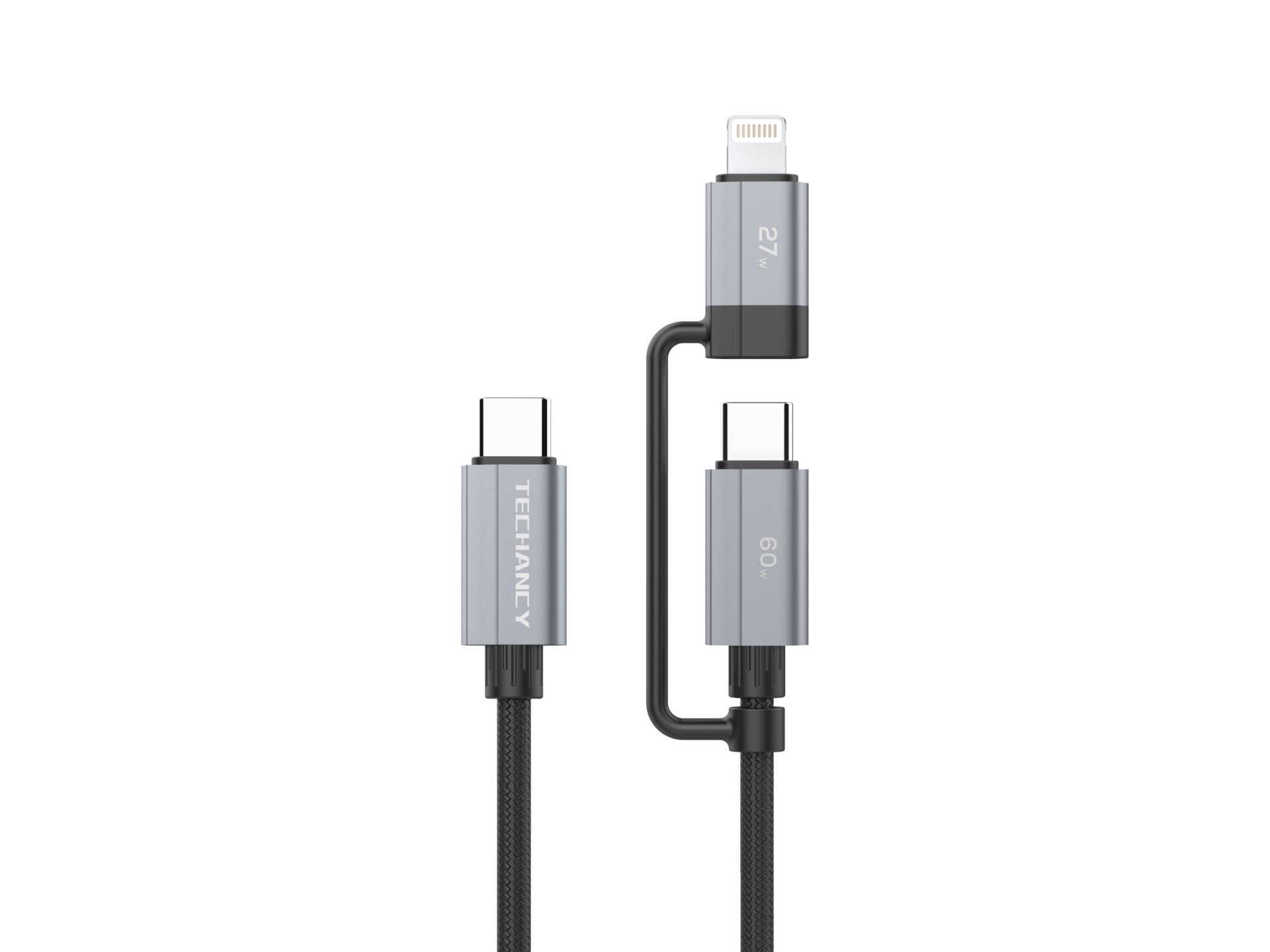 Techancy Cabo de carregamento rápido 2 em 1 TB1743 1m USB-C para USB-C 60W e USB-C para Lightning 27W cabo durável para vários dispositivos
