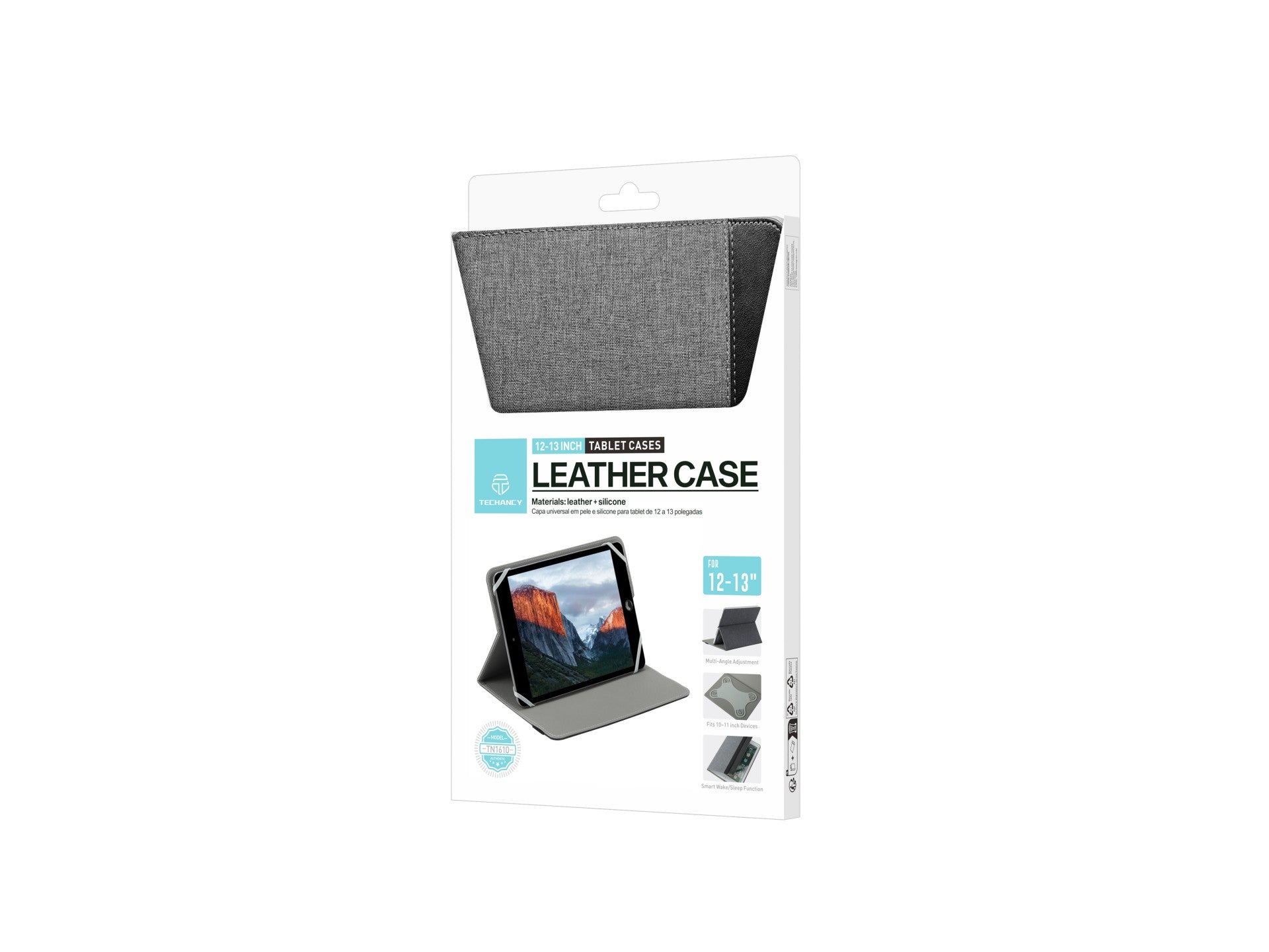 Techancy Capa Tablet TN1610 Universal Para 12-13 Polegadas Couro Silicone Ajustavel Multiangulos Faixa Elastico Antiderrapante Cinza
