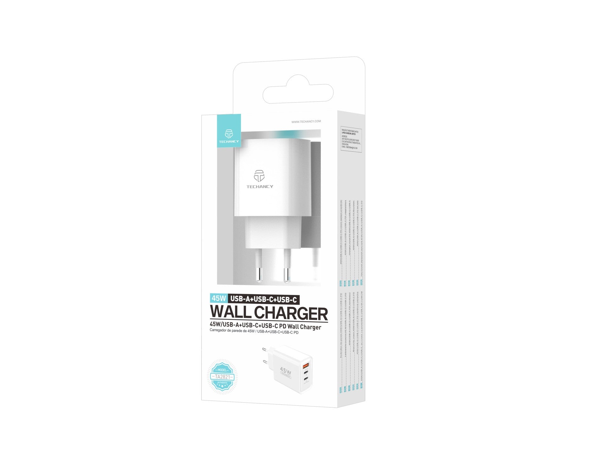 Techancy Carregador USB-A+USB-C+USB-C TA2821, 45W PD, SaIda Múltipla, Design Portatil, CompatIvel com Múltiplos Dispositivos