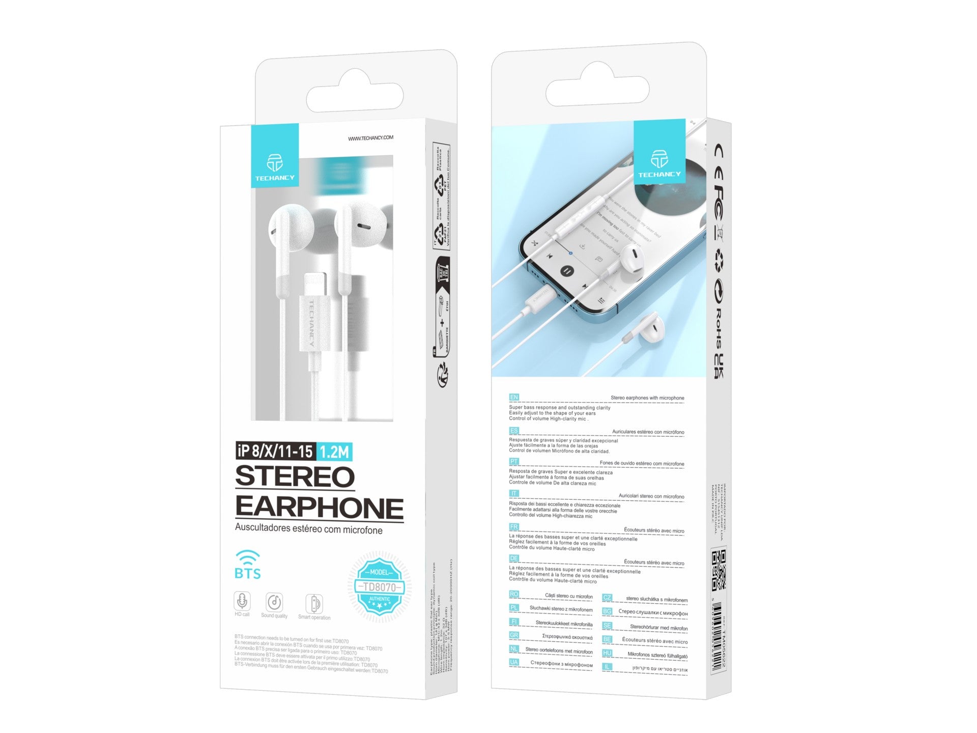 Techancy Auscultadores Estéreo Para Música TD8070 Branco, Função De Conversação, Conetor Lightning, Compatível Com Iphone/Ipad