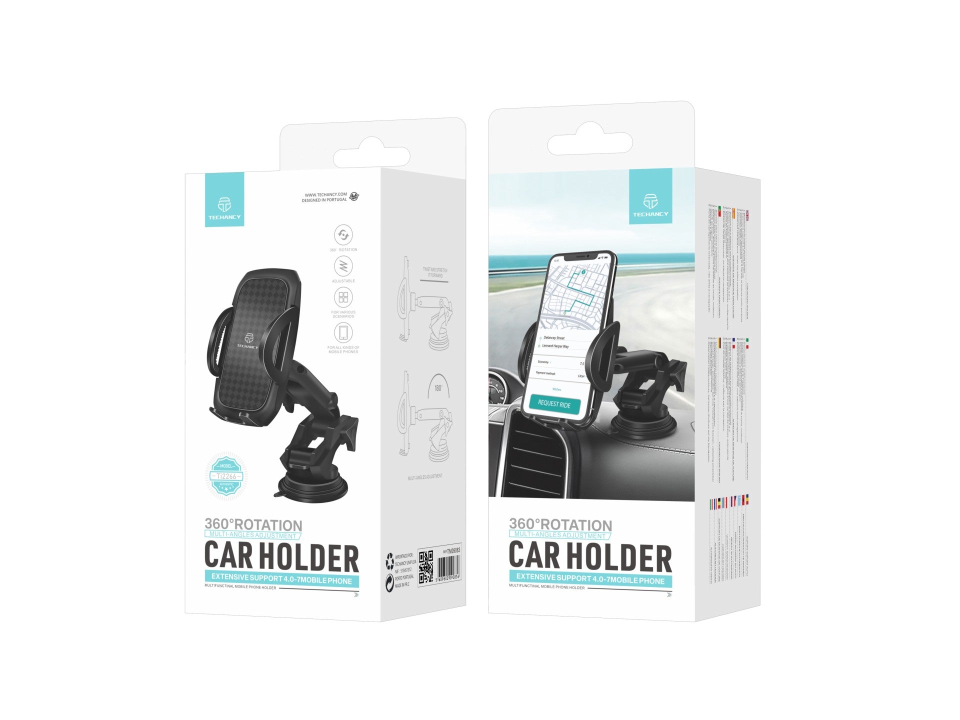 Techancy Ti2266 Car Phone Holder, Compatible with 4.0 to 7 Inch Phones. Suction Cup Mount