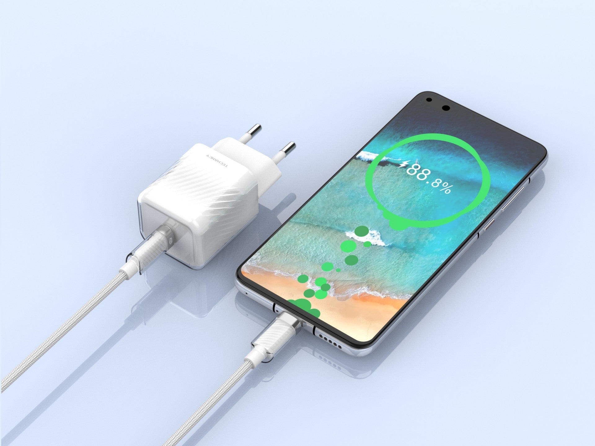 Techancy Carregador De Telemóvel De 20 W Branco TA2816, Carregamento Rápido Usb-C Pd Gan, Conjunto De Cabos Usb C Para Usb C 1m/60w