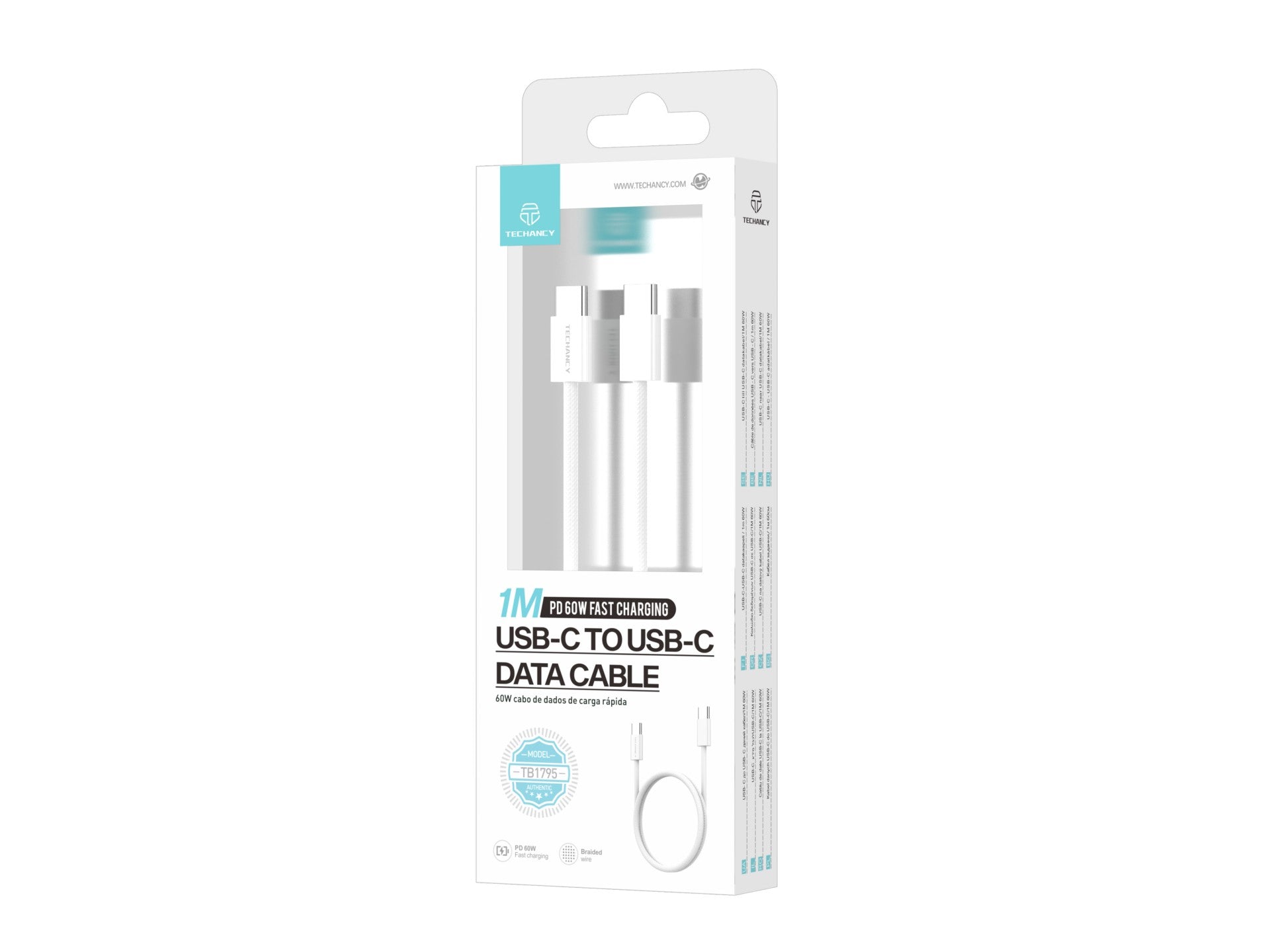 Cable de datos de carga rápida Techancy USB-C a USB-C de 60 W TB1795, 1 m de longitud, trenzado