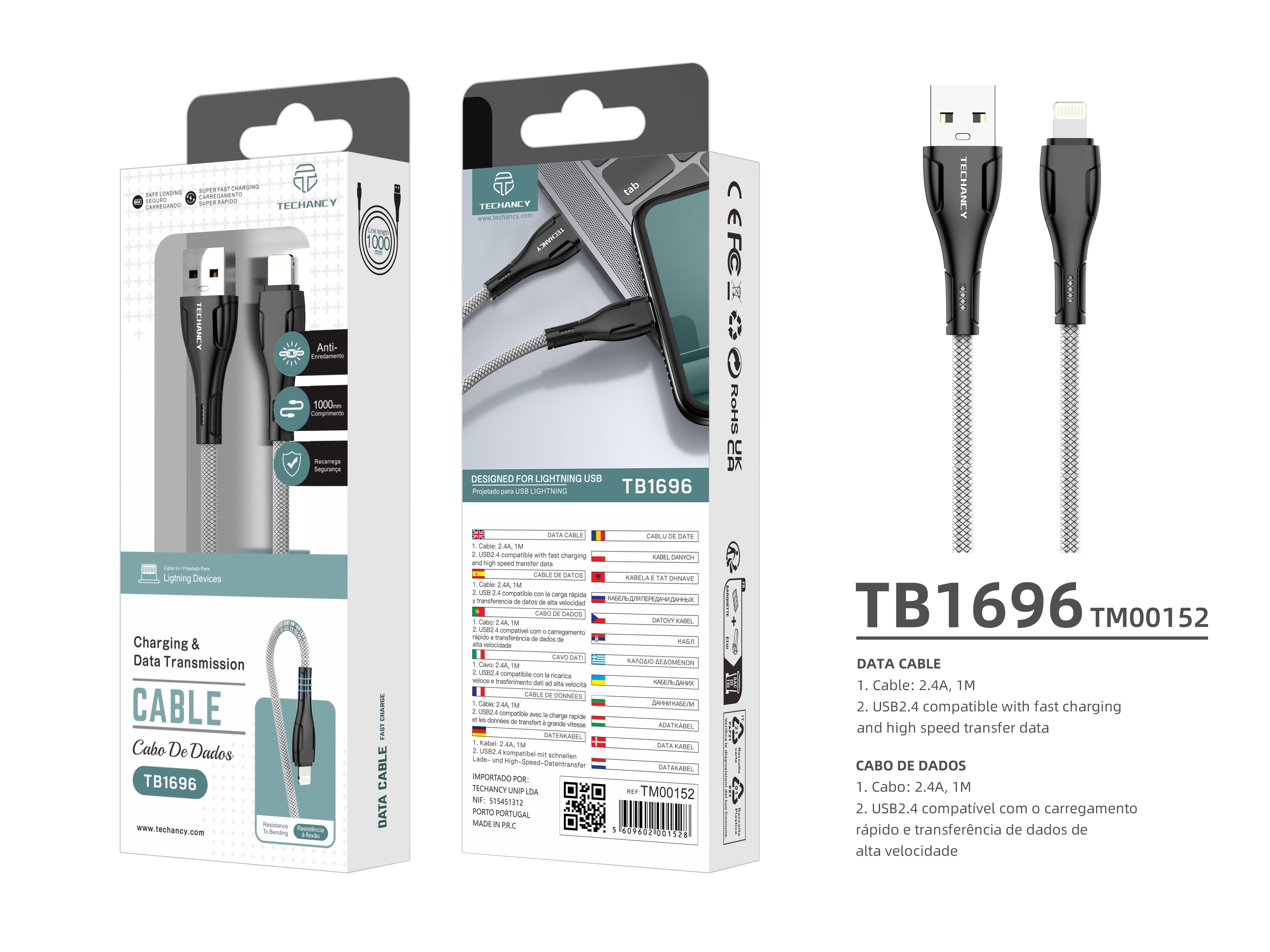 Techancy Cabo De Dados Usb-Ip8/X/11-14 Preto TB1696, Carregamento De 2,4 A, Transferência De Dados Compatível