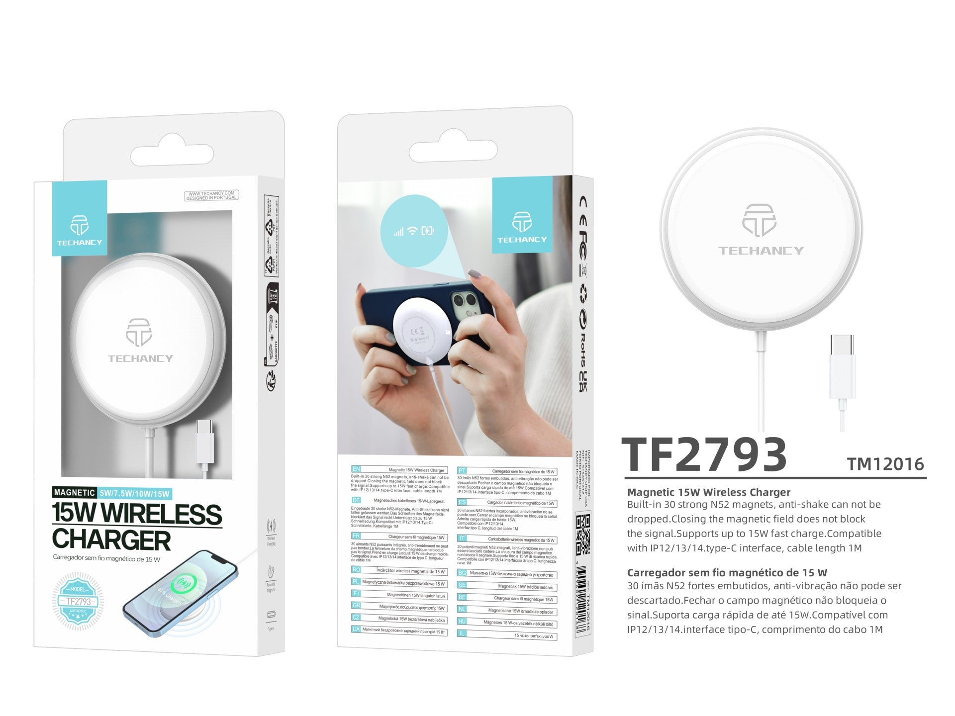 Techancy Carregador Sem Fio Magnético 15w TF2793, Compatível Com Iphone 12 E Acima, Compatível Magsafe, Porta Usb-C