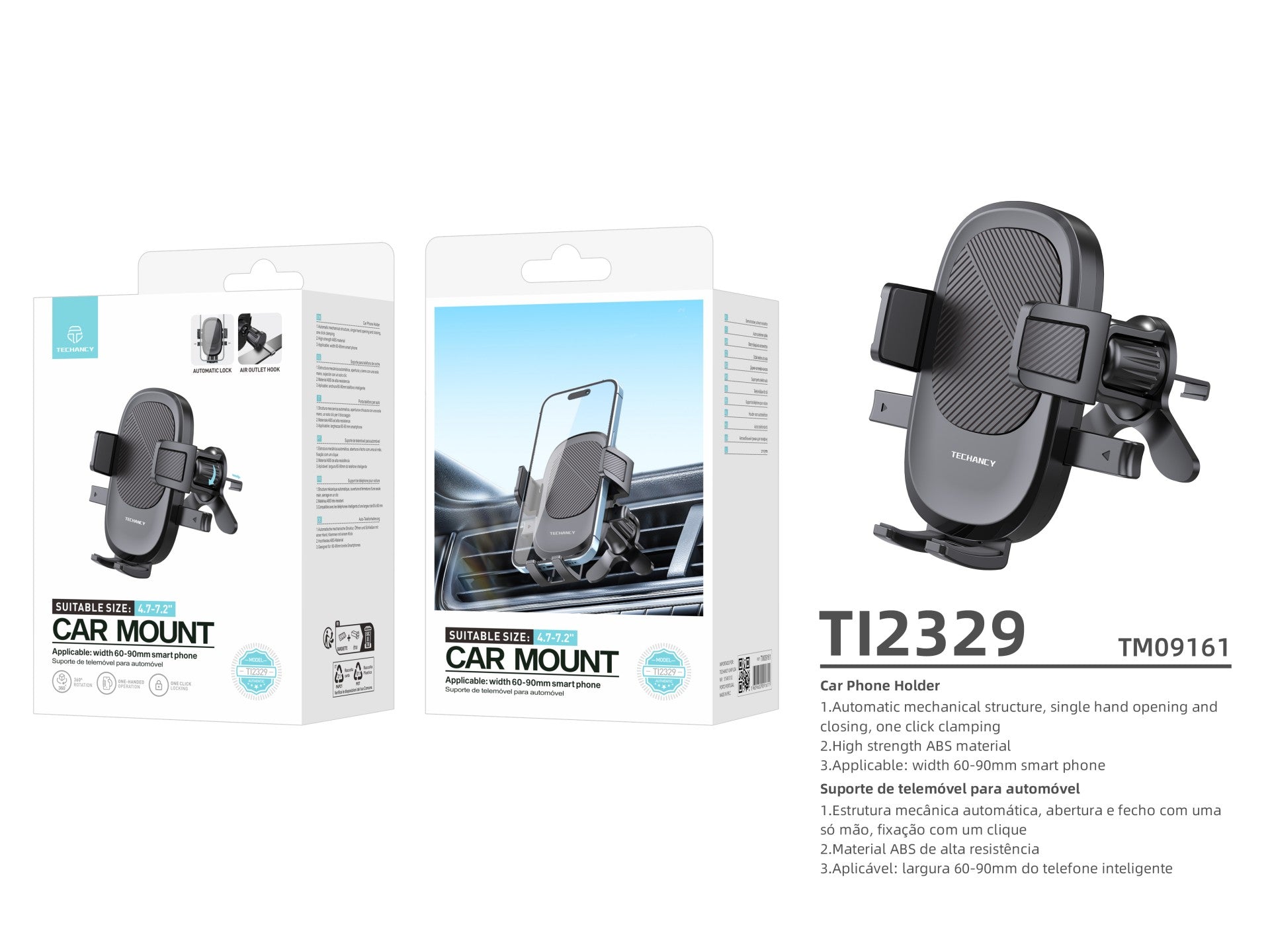 Soporte para teléfono de coche Techancy Ti2329, color negro, para rejilla de ventilación, para teléfonos de 4,7 a 7,2 pulgadas